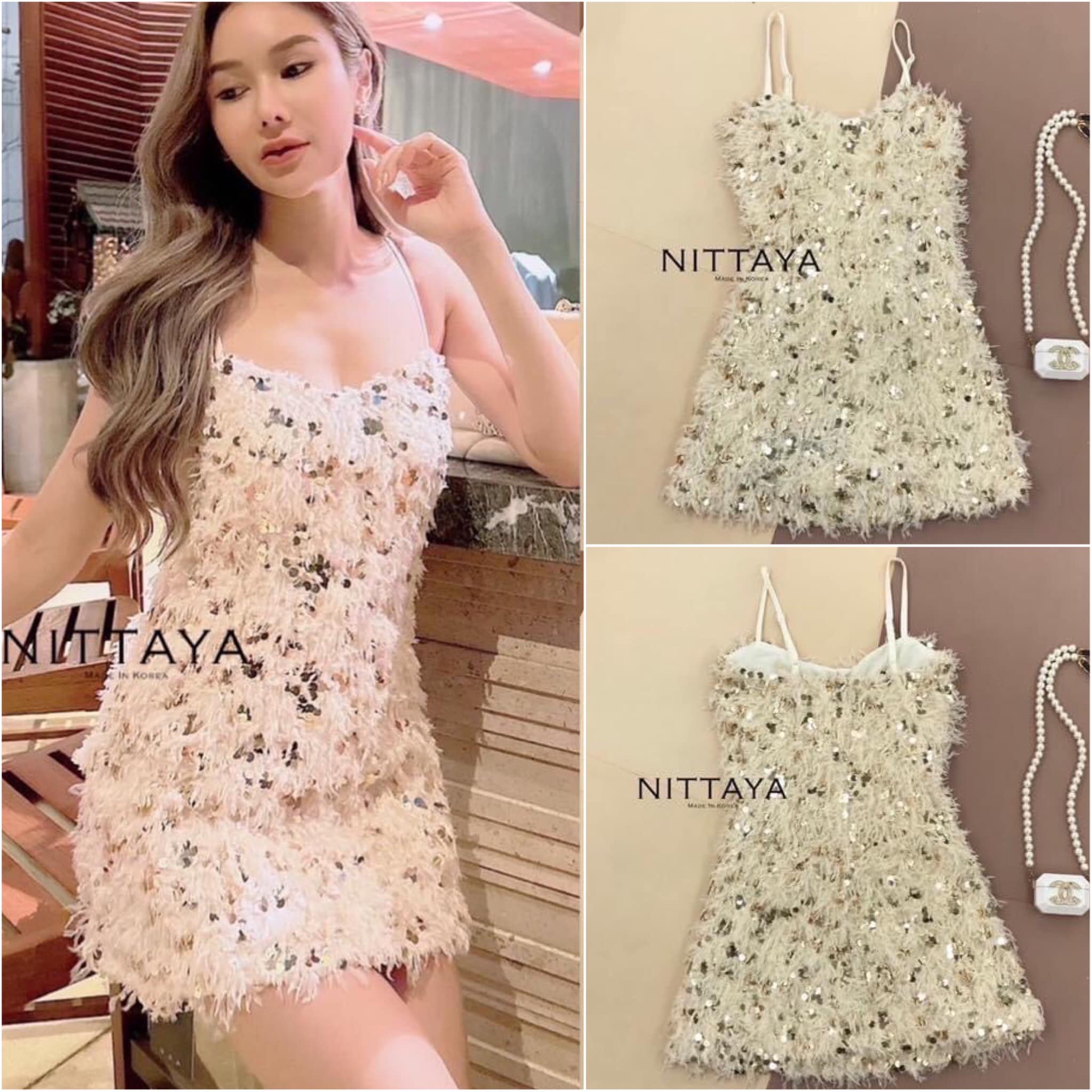 เดรสครีมสายเดี่ยววิบวับ ขนนิ่มๆ รุ่นนี้สายปรับได้นะจ๊ะ รุ่นนี้แต่งทองวิบวับ สายหรูหราต้องไม่พลาดนะจ๊ะ สินค้าคุณภาพ (พร้อมส่ง)