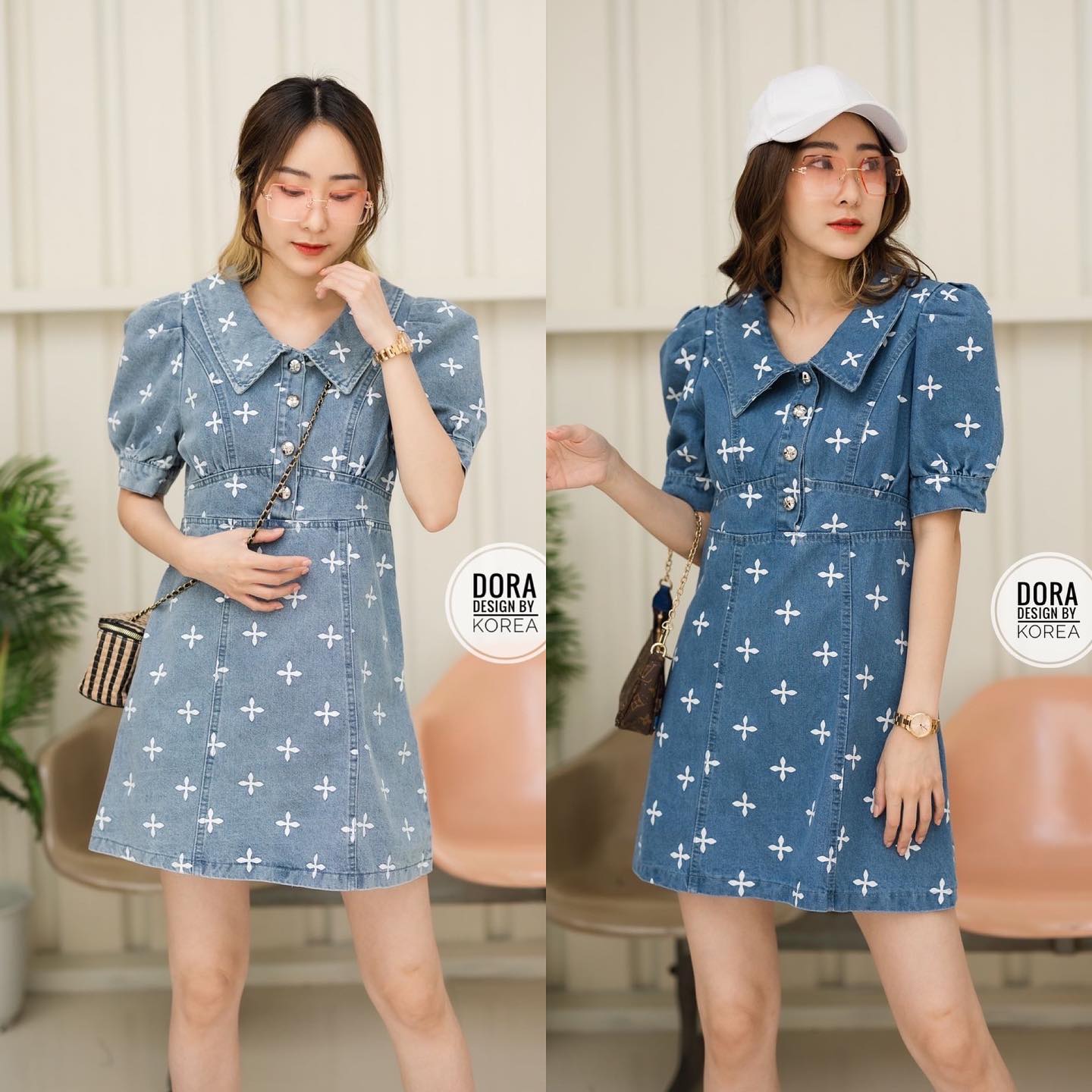 เดรสยีนพิมลายน่ารักมาก กระดุมหน้า ทรงดีแพทเทิลเป๊ะ สินค้าคุณภาพ (พร้อมส่ง)