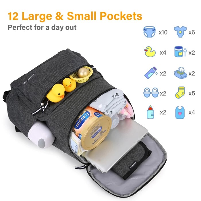 mommore กระเป๋าคุณแม่ กระเป๋าสัมภาระคุณแม่ กระเป๋าแม่ลูกอ่อน กันน้ำ พร้อมแผ่นรองเปลี่ยนผ้าอ้อม จุมาก น้ำหนักเบา เหมาะสำหรับเดินทาง (Dark Grey)
