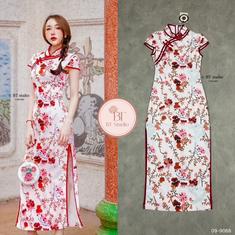 เดรสกี่เพ้า แต่งคอจีน พื้นสีพิมพ์ลายสวยม๊าก ห้ามพลาดเลยคร้าา limited ม๊ากคร้า ใส่สบาย : สินค้าคุณภาพ (พร้อมส่ง)