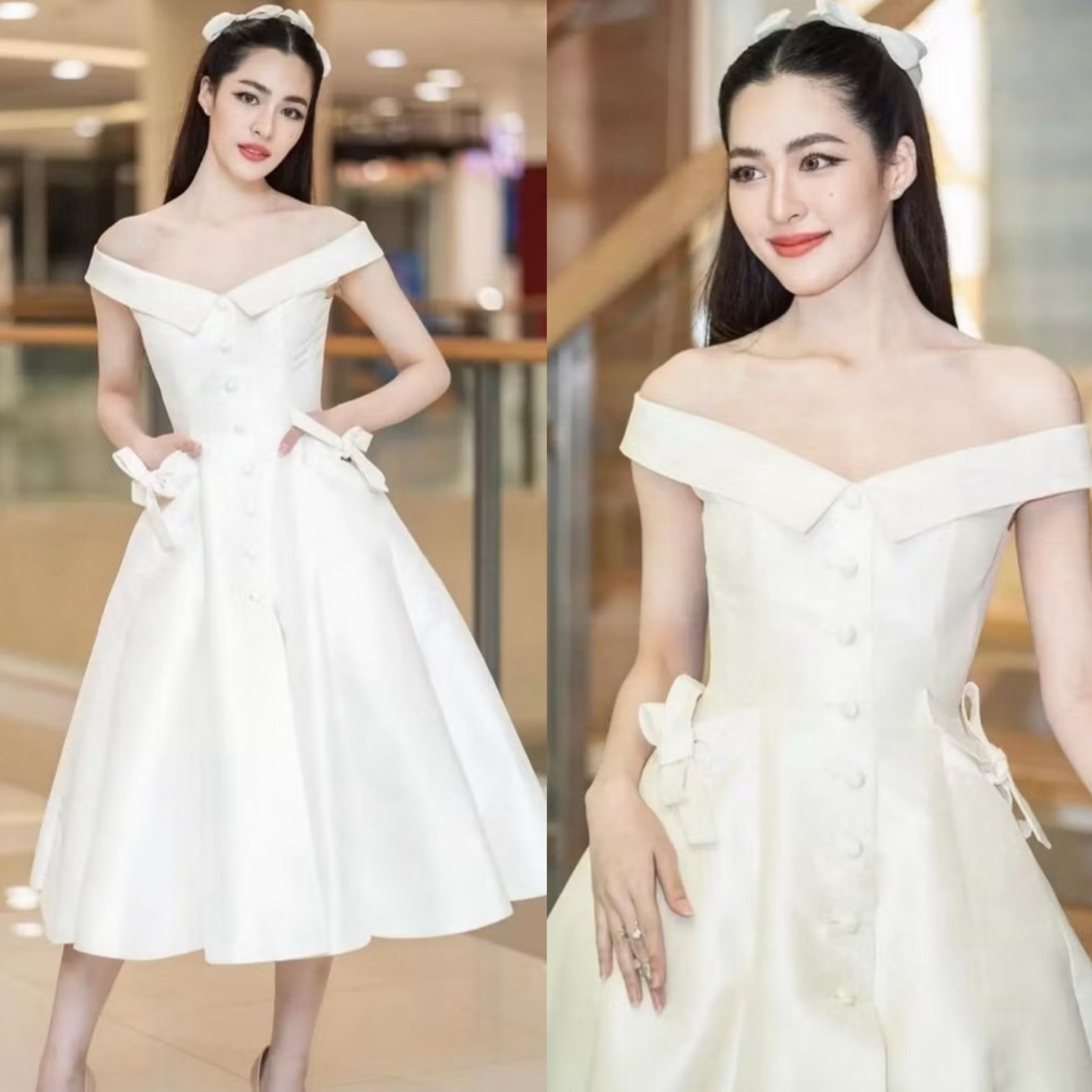 เดรสกระโปรงคอปกพับ ปาดไหล่ดีไซน์เก๋ ทรงพอดีตัวใส่กำลังสวย แต่งกระดุมปั๊มสีเดียวกันกับชุด ช่วงเอวด้านข้างแต่งกระเป๋าผูกโบว์สุดคิ้วท์ ใส่สบาย : สินค้าคุณภาพ (พร้อมส่ง)