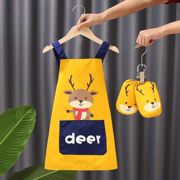 Set ผ้ากันเปื้อนทำอาหารเด็ก +ปลอกแขน NanaBaby ผ้า Oxford กันน้ำ การ์ตูนน่ารัก สำหรับเด็กวัย 2-10 ปี