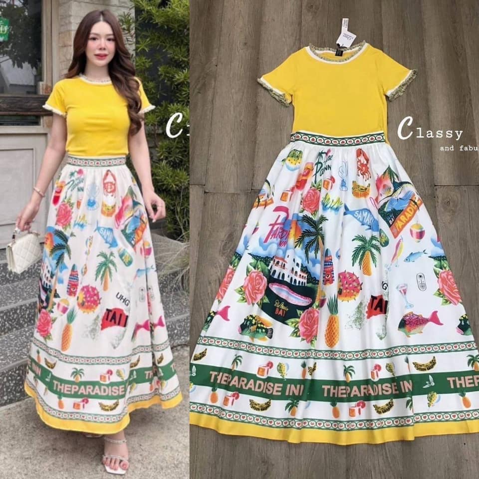 Set เสื้อ+กระโปรงลายกราฟฟิค เสื้อยืดสีเหลือง ผ้านิ่ม ใส่สบาย : สินค้าคุณภาพ (พร้อมส่ง)