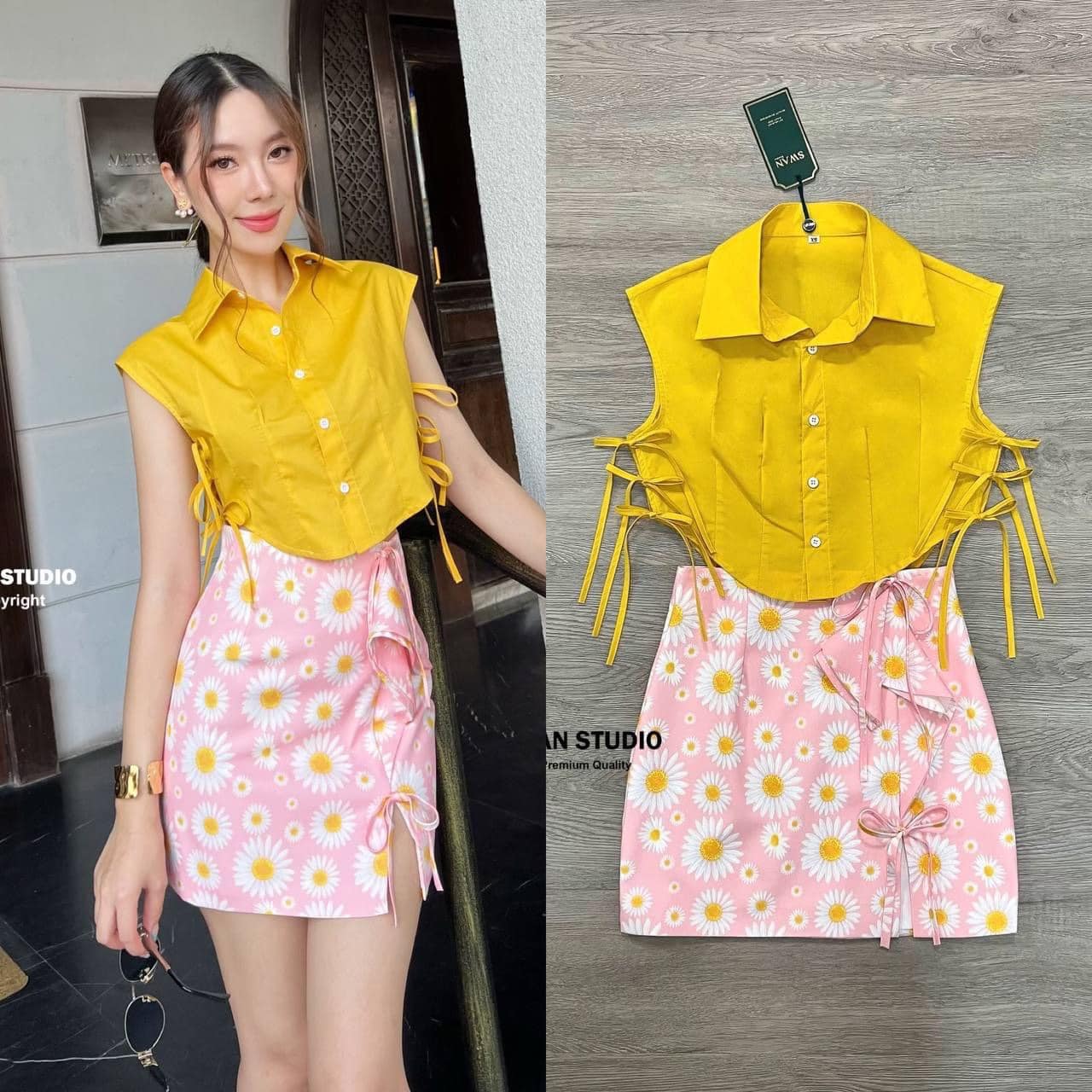 เซทเสื้อครอปสีเหลือง แต่งสายผูกด้านข้าง เนื้อผ้าเชิ้ต + กระโปรงสั้นลายดอกไม้ สีสันสดใส ใส่ Summer ใส่สบาย สินค้าคุณภาพ (พร้อมส่ง)