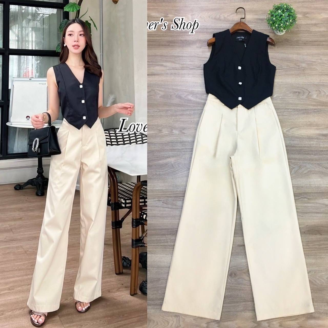 Set.2ชิ้น ลุคเรียบหรูดูผู้ดี เสื้อกั๊กทรงเข้ารูปมีซับใน แต่งกระดุมเพชร มาพร้อมกางเกงเอวสูงผ้าหนาอัดกาวมีซับใน ใส่สบาย : สินค้าคุณภาพ (พร้อมส่ง)