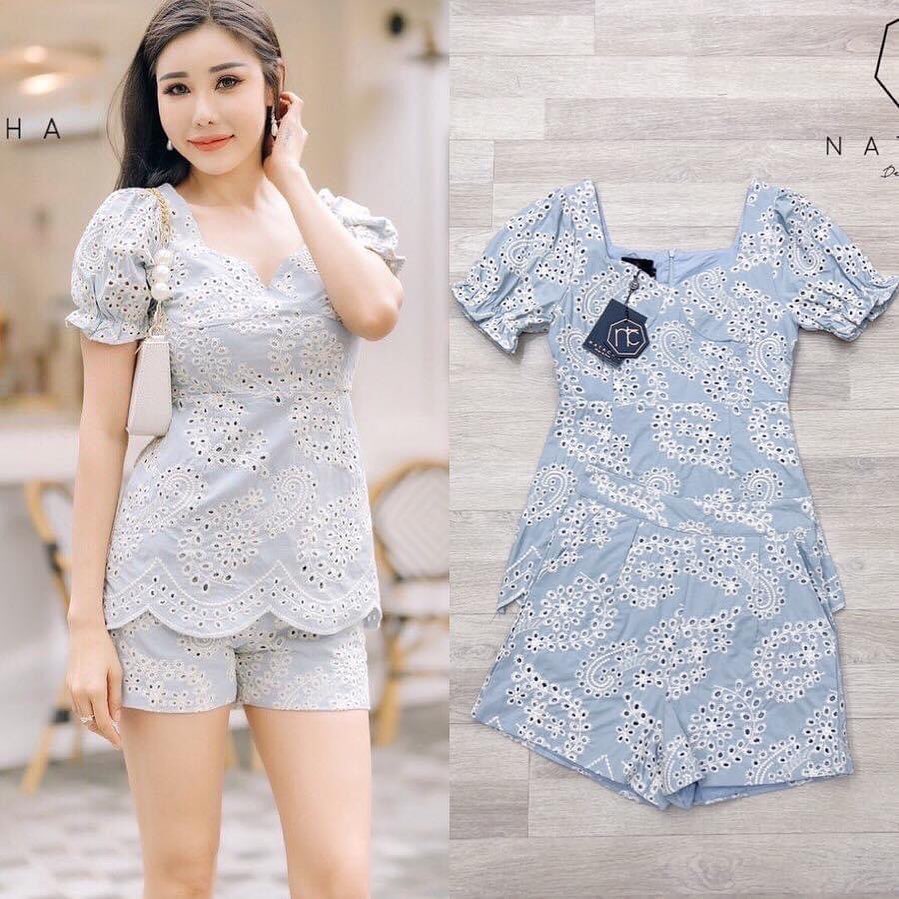 Set เสื้อแขนจั้ม กางเกงขาสั้น เนื้อผ้าลายฉลุปักลายย งานสวยแพทเทิลดี สินค้าคุณภาพ (พร้อมส่ง)