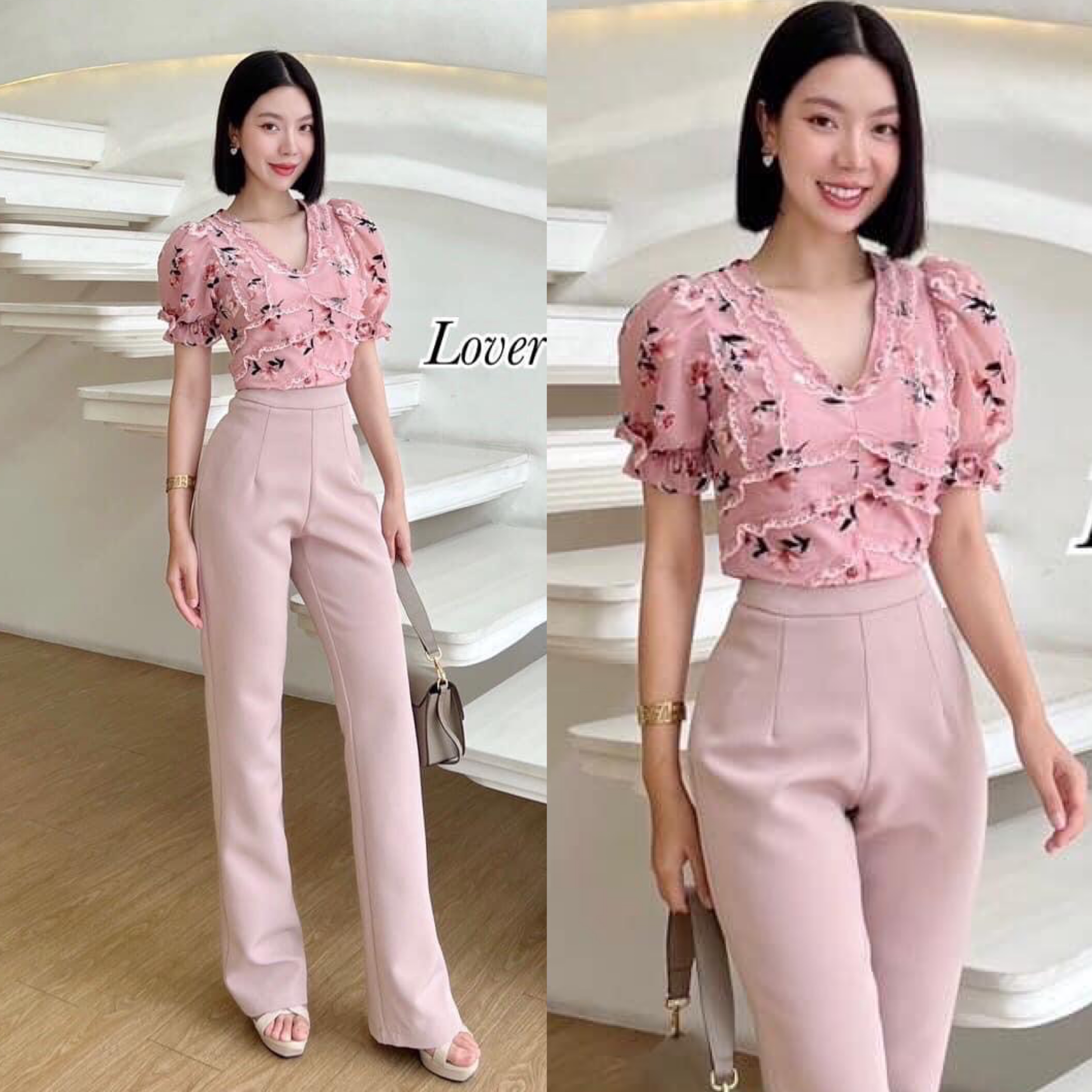 เซ็ท2ชิ้น ชุดเซ็ทเสื้อคร็อปทรงแขนตุ๊กตา ลายดอกไม้กำมะหยี่ ทรงสวย เอวไม่ลอย มาพร้อมกางเกงเอวสูง ทรงนี้ใส่แล้วแลดูหุ่นดี สินค้าคุณภาพ (พร้อมส่ง)