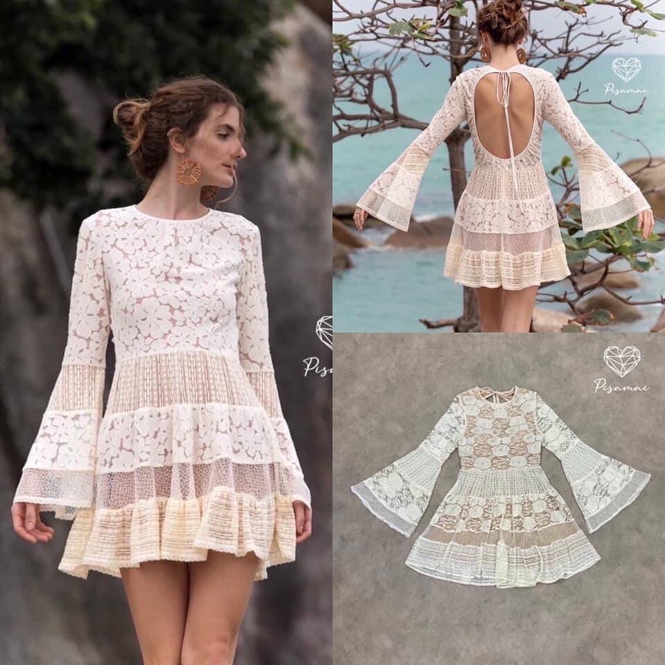 เดรสตัวสั้นมาในงานลูกไม้ฉลุสีครีมแขนยาว ด้านหลังเป็นทรงเว้าหลัง สินค้าคุณภาพ (พร้อมส่ง)