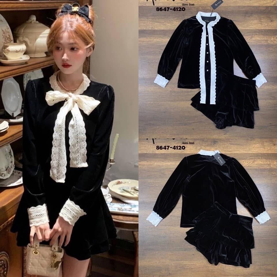 Set เสื้องานคล้ายสักกะหลาด งานแต่งแถบลูกไม้ผ้าฉลุ ทรงปล่อยๆ + กางเกงกระโปรงสั้น ใส่สบาย : สินค้าคุณภาพ (พร้อมส่ง)