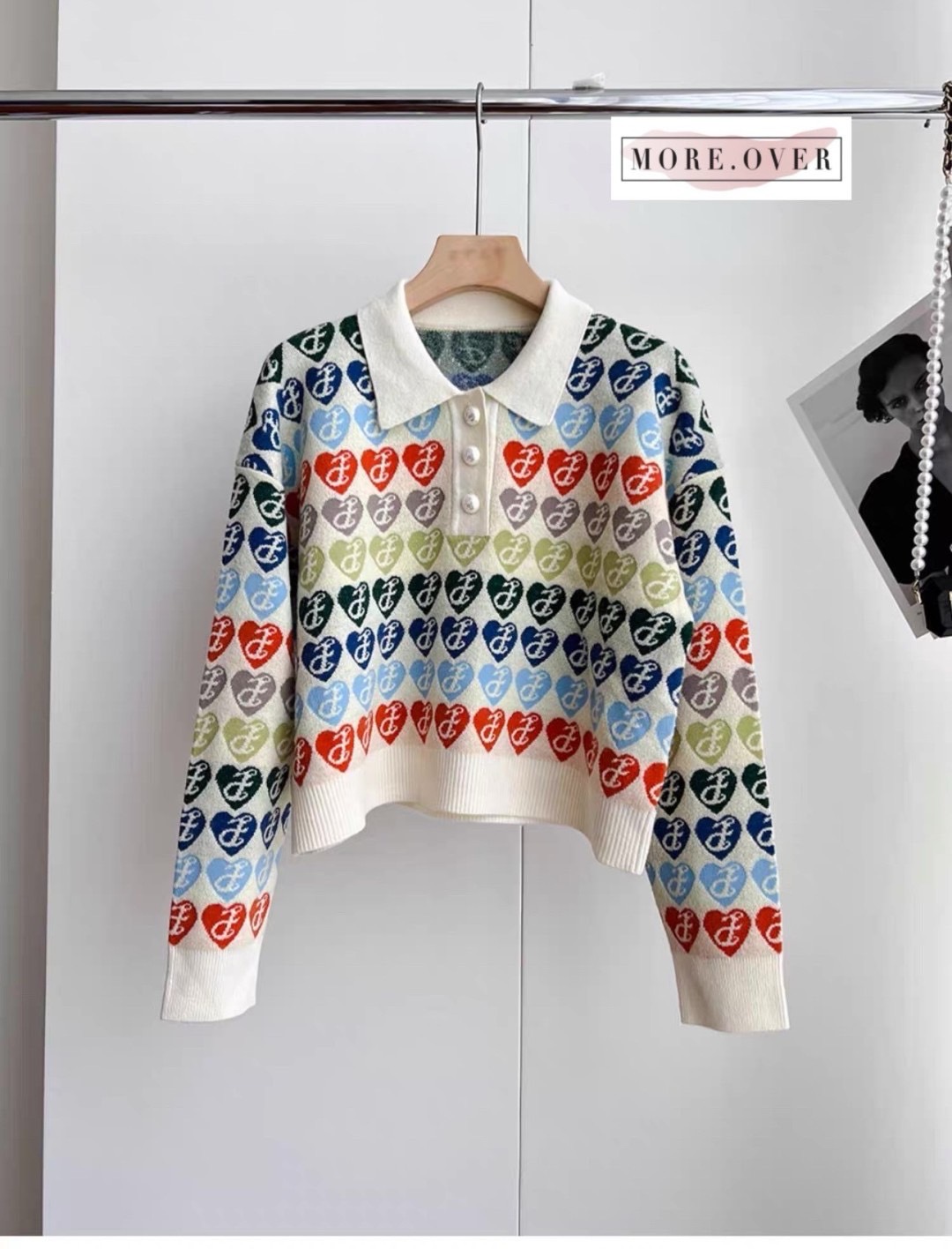 เสื้อไหมพรมแขนยาว คอปกลายหัวใจสีๆ ทั้งตัวงานสวย ใส่สบาย : สินค้าคุณภาพ (พร้อมส่ง)