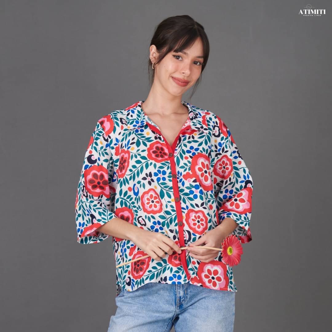 เสื้อเชิ้ตแขนสามส่วน ลินินแท้ 100% ลายดอกไม้สุดสดใส ใส่สบาย : สินค้าคุณภาพ (พร้อมส่ง)
