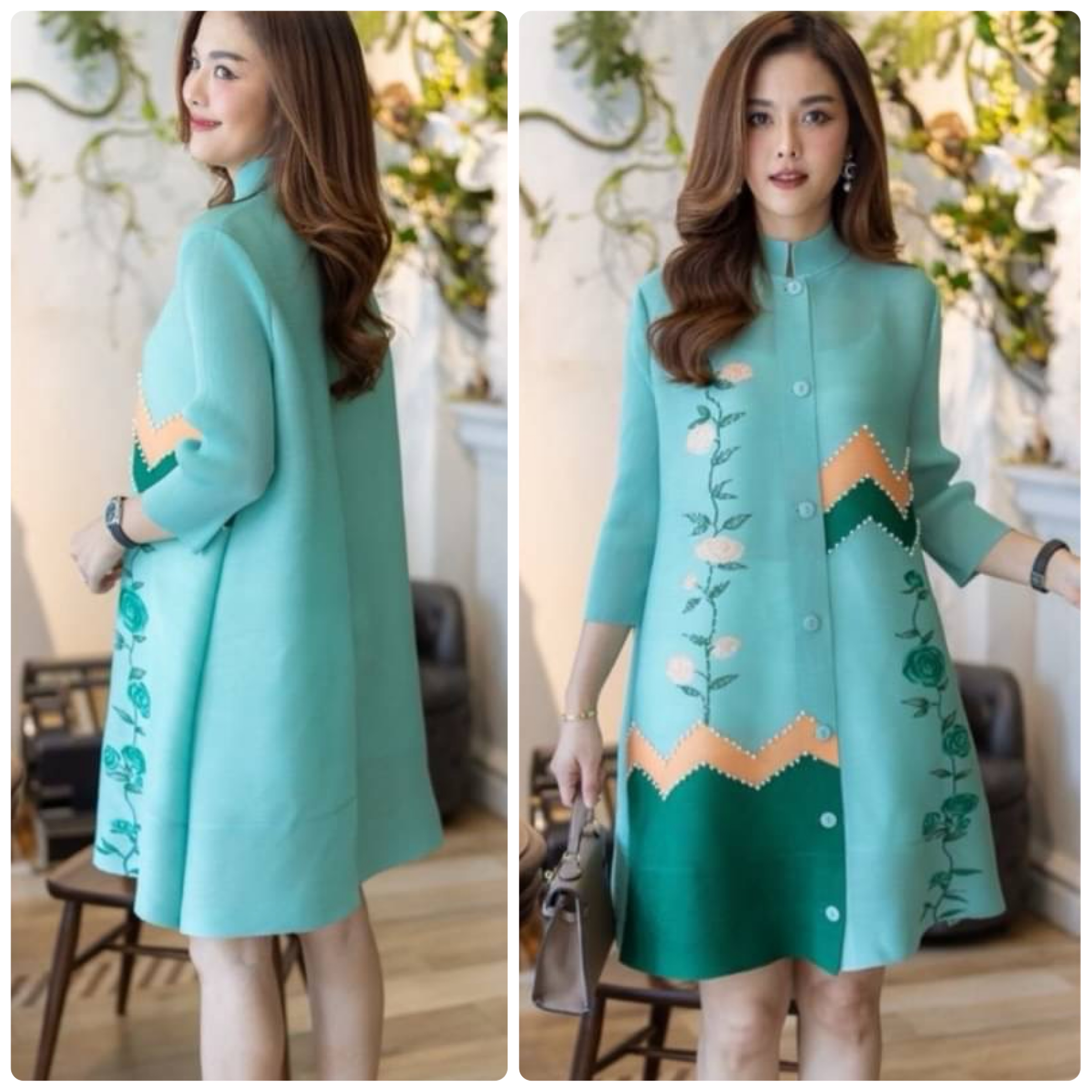 เดรสผ้าอัดพลีท Premium Pleatd Fabric ดีเทลสวยๆพิมพ์ลายประดับด้วยเพชรสุดหรู และมุก ใส่สบาย : สินค้าคุณภาพ (พร้อมส่ง)