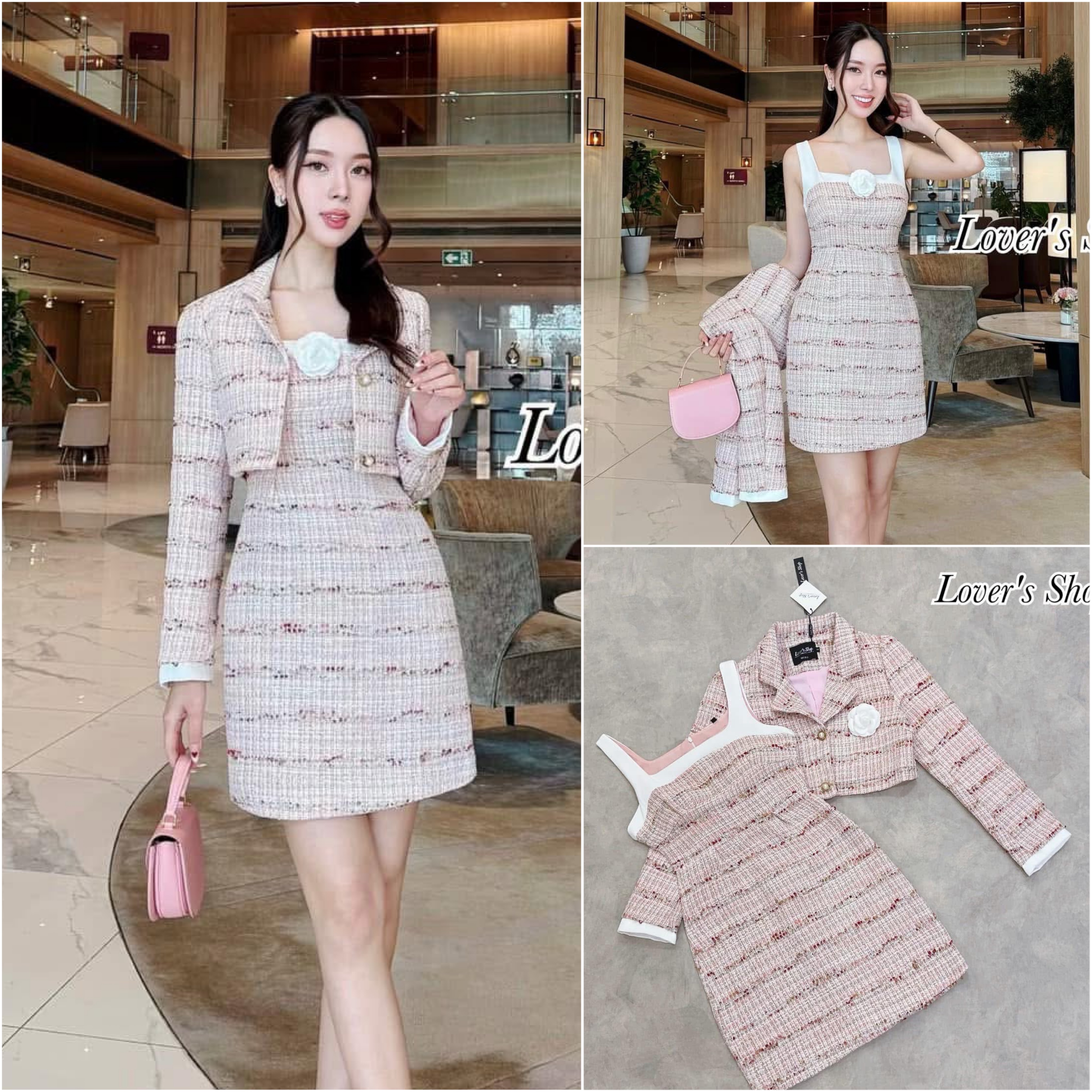 Set 3ชิ้น เสื้อคลุม+เดรสกระโปรง พร้อมเข็มกลัดดอกไม้ ลุคสวยหรูดูผู้ดี ใส่สบาย : สินค้าคุณภาพ (พร้อมส่ง)