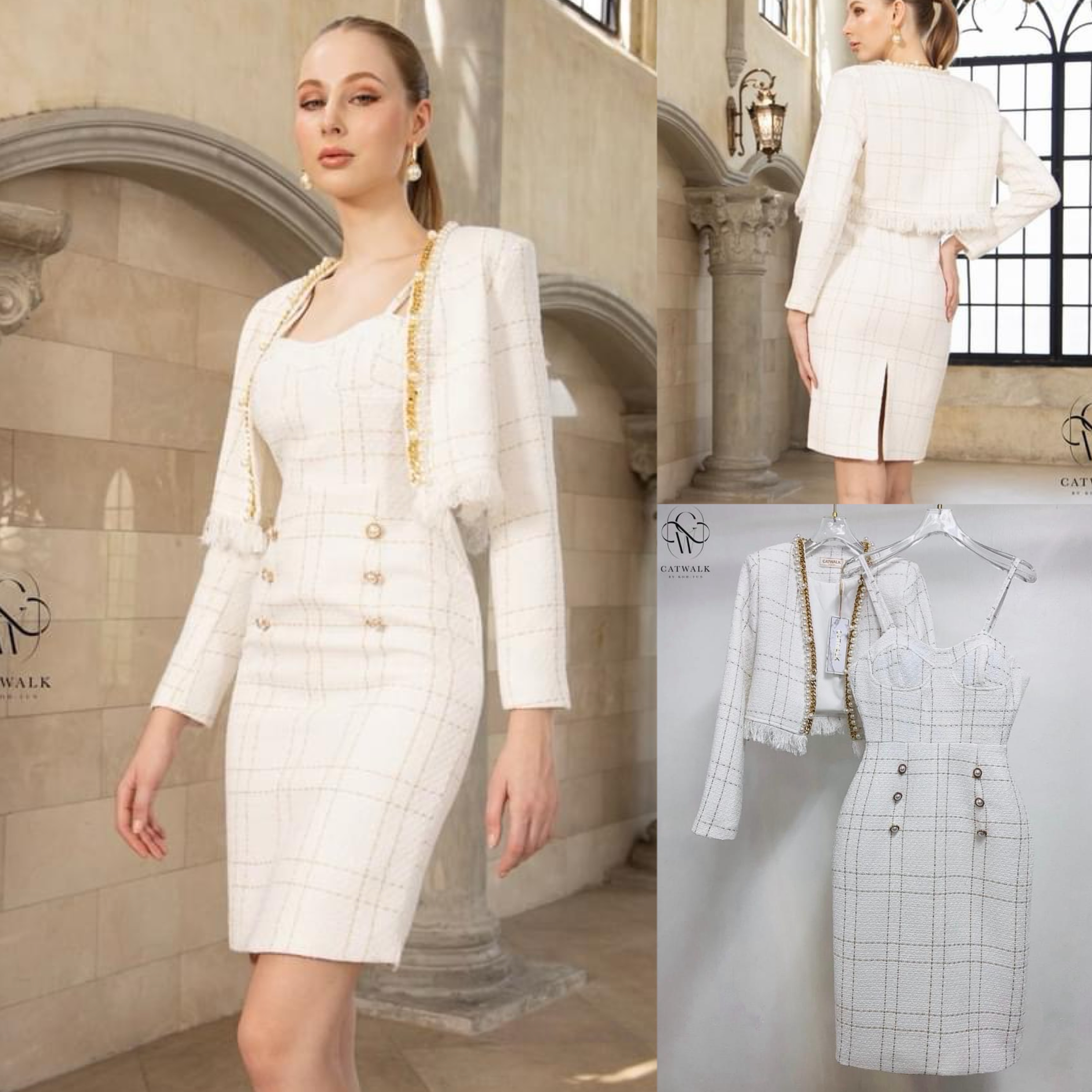 เซตเดรส สายเดี่ยวเสื้อคลุมผ้าทวีตแต่งมุก เนื้อผ้าทวีต เกรดเอ ทอเป็นลายดูโดดเด่นสุดๆ ตัวชุดเป็น ทรงเข้ารูป ใส่สบาย สินค้าคุณภาพ (พร้อมส่ง)