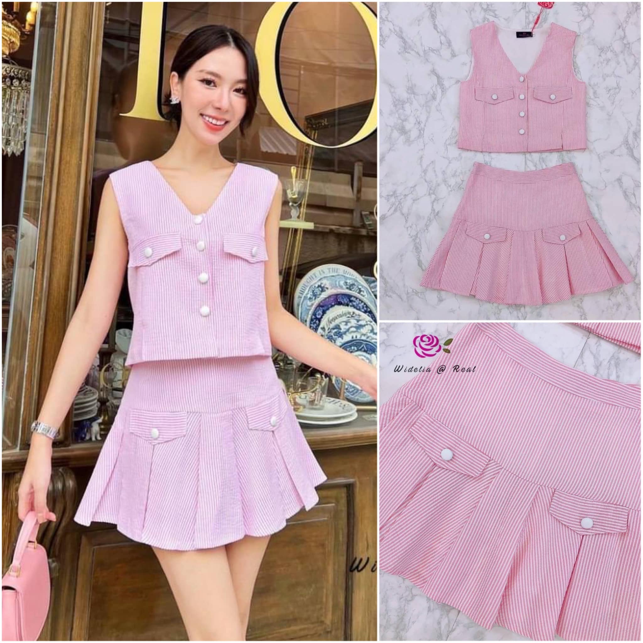 เซตเสื้อแขนกุด ด้านหน้าแต่งกระดุมเรียงเป็นแถว คอวีเก๋ +กระโปรงตัวสั้นทรงสวยจับจีบ ใส่สบาย สินค้าคุณภาพ (พร้อมส่ง)