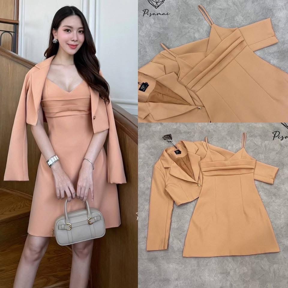 เซ็ตเสื้อสูทเบเซอรสีส้มตัวสั้น มาคู่กับเดรสสายเดี่ยว ใส่สบาย : สินค้าคุณภาพ (พร้อมส่ง)