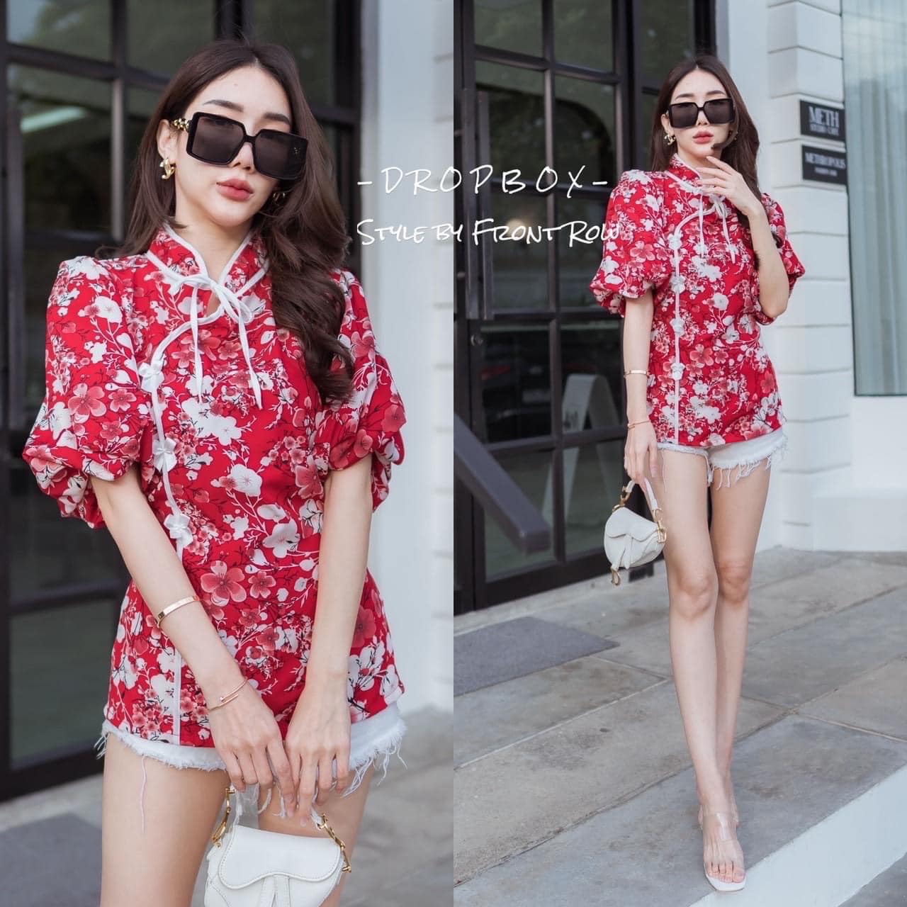 เสื้อกี่เพ้าเเขนพ่อง งานน่ารักๆ มีสม๊อกช่วงเอวหลัง : สินค้าคุณภาพ (พร้อมส่ง)