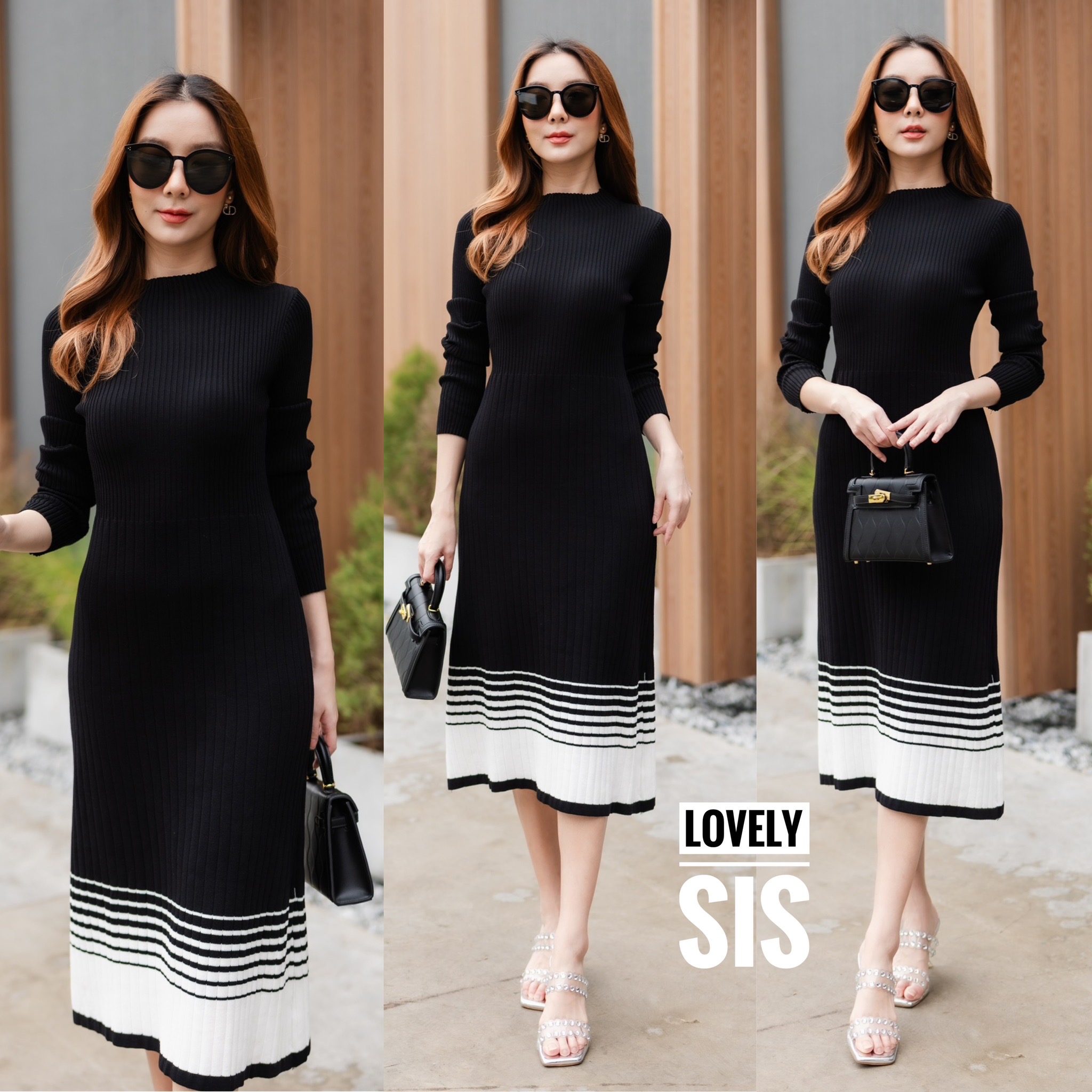 เดรสผ้า knit ทอร้องยืดยามตัว เนื้อผ้านุ่ม ใส่สบาย งานแขนยาวคอปีนทอลายริ้วตัด สีขาวเล่นลายด้านล่าง สินค้าคุณภาพ (พร้อมส่ง)