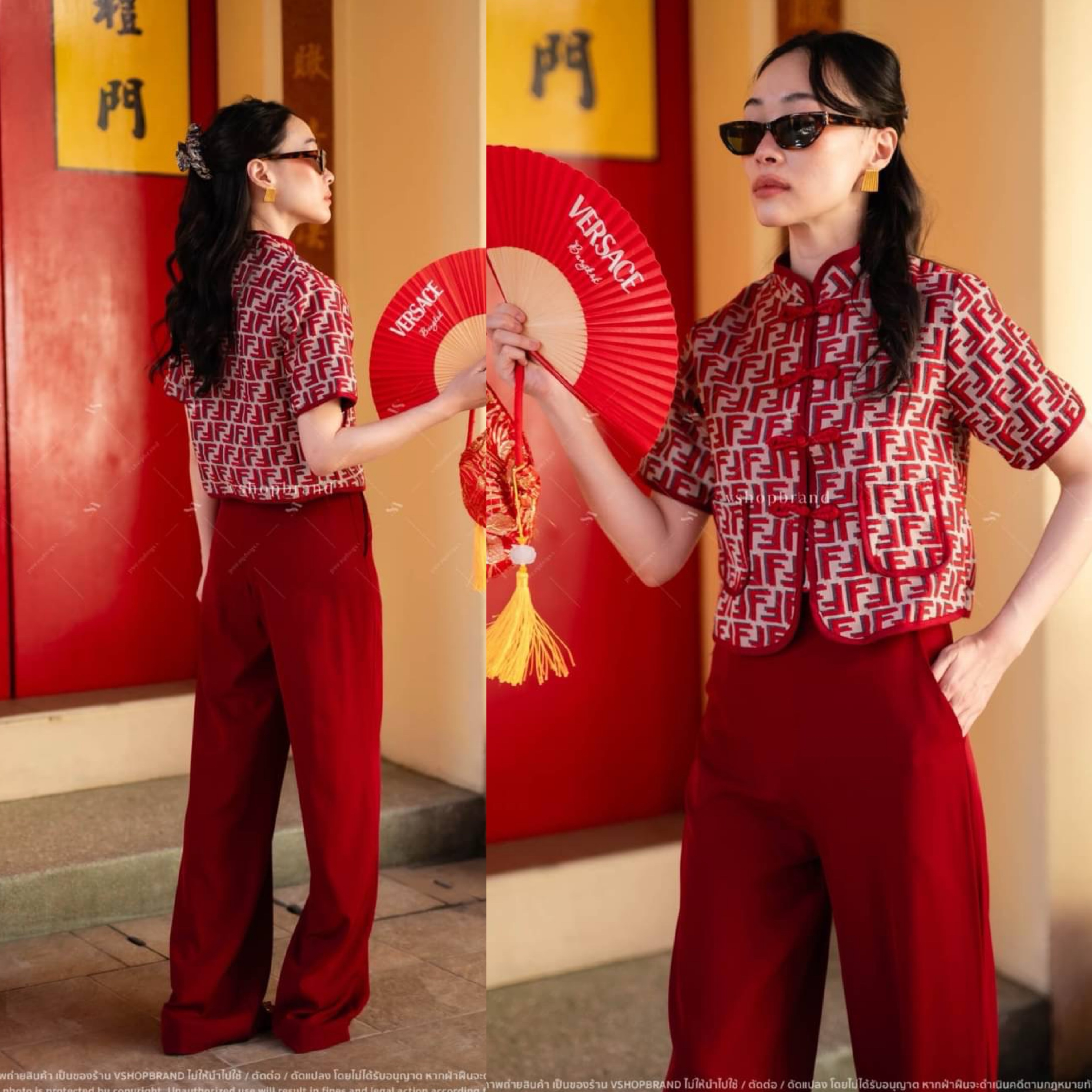 Set กี่เพ้าเสื้อแขนสั้นผ้าทอ Fen d i + กางเกงขายาวผ้าพื้น ใส่สบาย : สินค้าคุณภาพ (พร้อมส่ง)