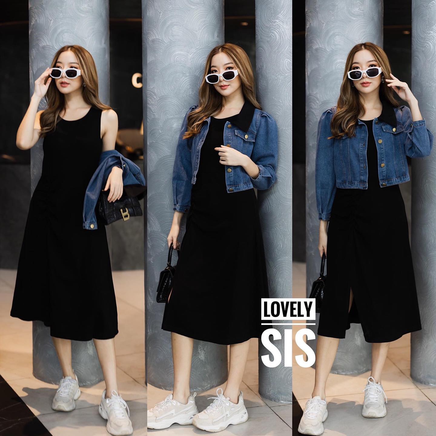 Set 2 pcs เสื้อแจ็คเก็ตยีนส์แขนยาว แต่งคอปกสีดำเพิ่มความเด่น ผ้ายีนส์ เนื้อดี มาพร้อมเดรสกล้าม ใส่สบาย. สินค้าคุณภาพ (พร้อมส่ง)