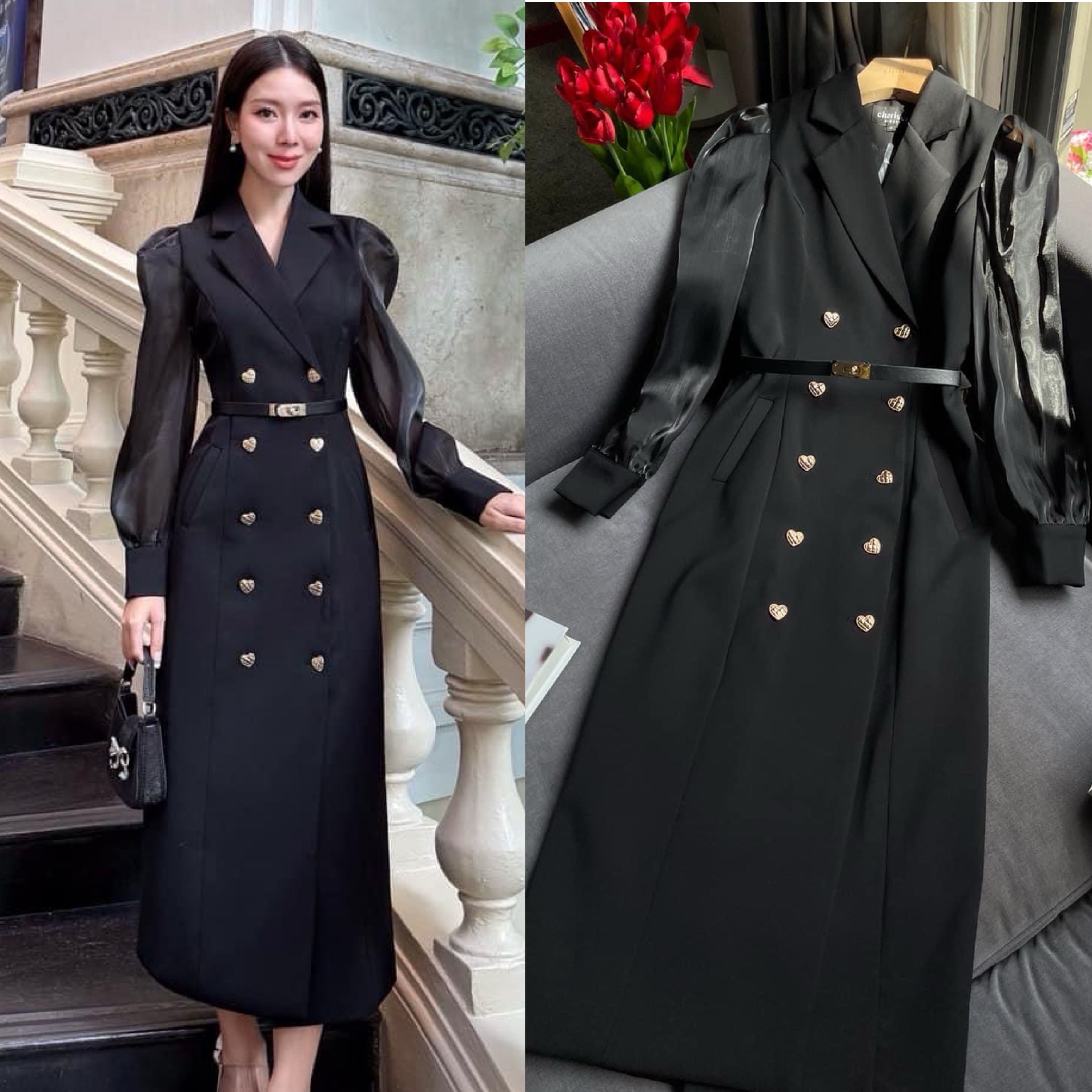 เดรสสูทแขนยาว สวยเฉียบหรูหรา ดีไซน์เกร๋ ใส่ได้ทุกโอกาส ใส่สบาย : สินค้าคุณภาพ (พร้อมส่ง)