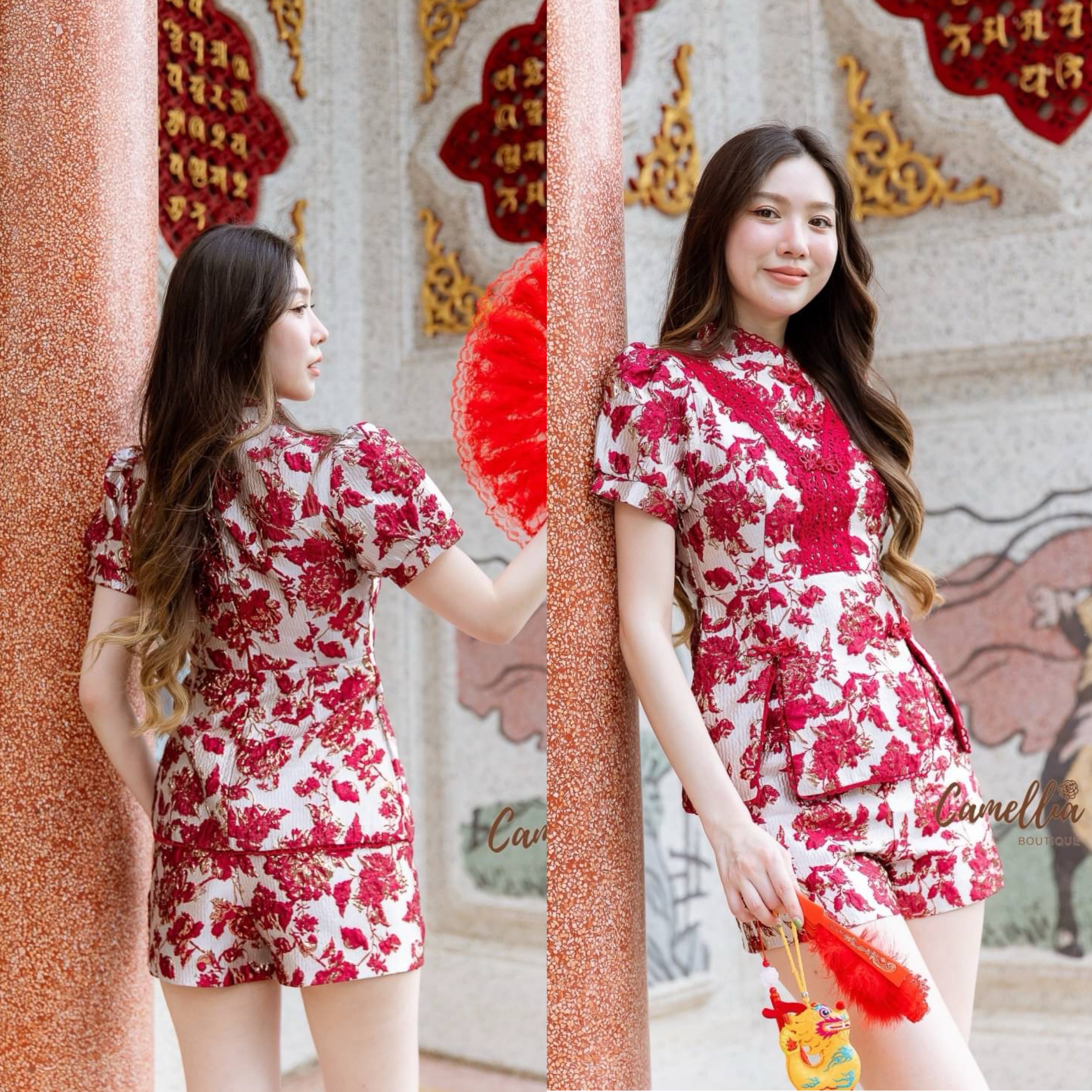 ชุดSetผ้าทอแขนสั้นแต่งลูกไม้ที่ช่วงอก ชายเสื้อผ่าหน้า + มาคู่กับกางเกงขาสั้นลายเข้ากันทั้งชุด ใส่สบาย : สินค้าคุณภาพ (พร้อมส่ง)