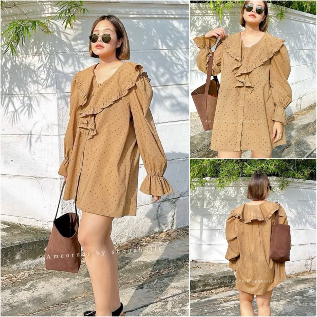 เดรสคอวีด้านหน้า-หลังทึบ แขนยาวปลายแขนเป็นชายระบาย แต่งระบายช่วงคอด้านหน้า ลำตัวเป็นทรงปล่อยๆ ใส่สบาย : สินค้าคุณภาพ (พร้อมส่ง)