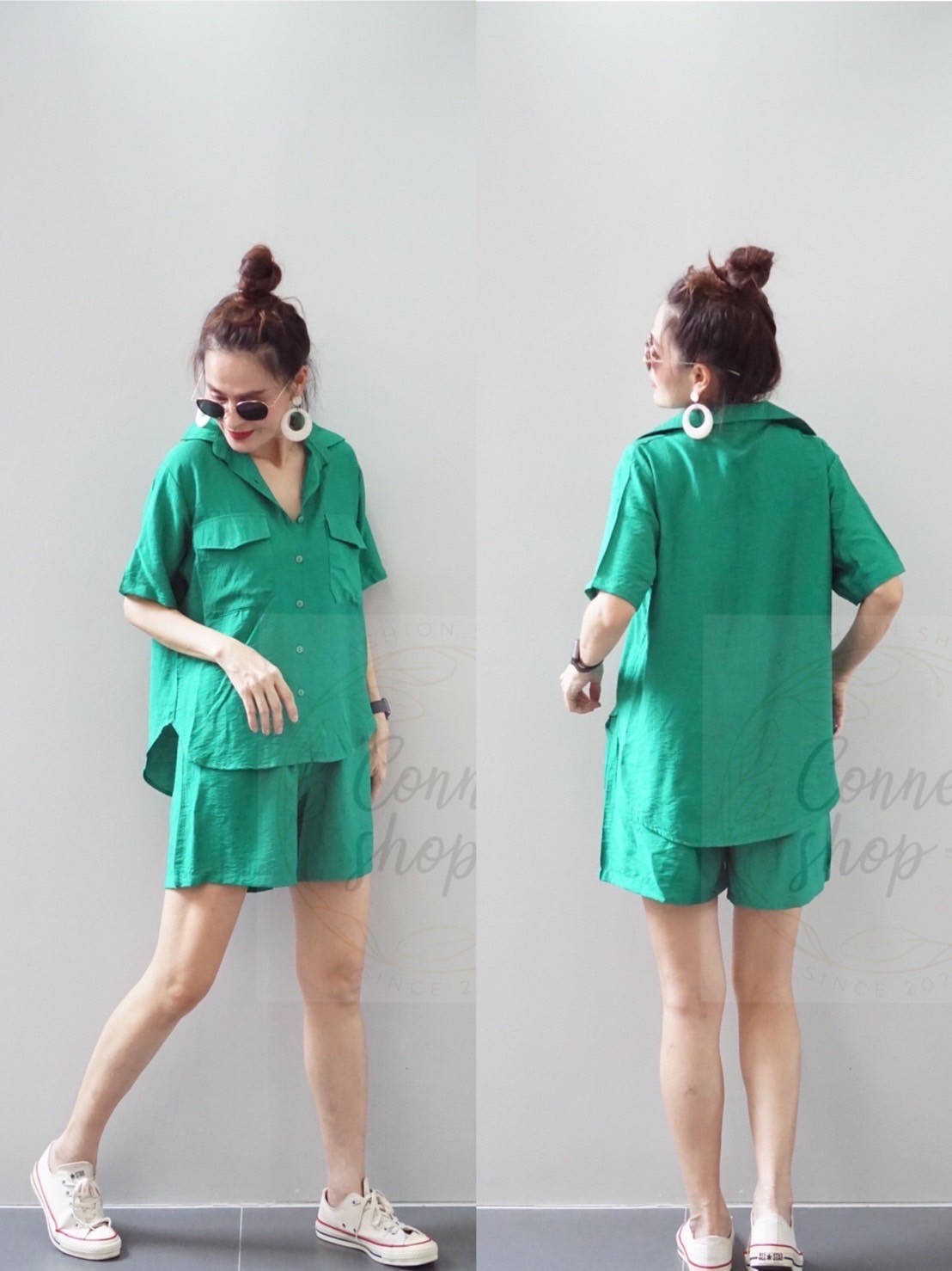 ชุดเซต 2 ชิ้น!!! เสื้อเชิ้ตแขนสั้น แต่งกระเป๋าหน้า ผ้าไหมอิตาลี่ เนื้อนิ่ม มาคู่กับกางขาสั้น เอวยางยืด งานเจาะกระเป๋าข้าง ใส่สบาย : สินค้าคุณภาพ (พร้อมส่ง)