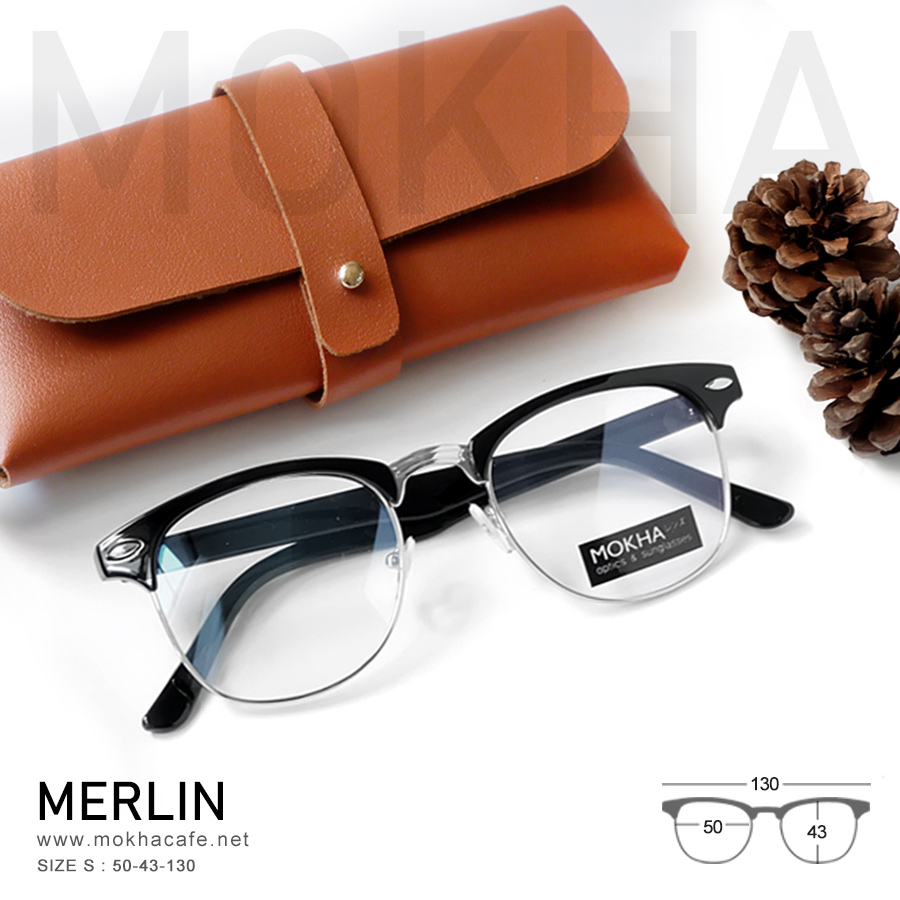 (ตำหนิ) MERLIN - silver black กรอบแว่น วินเทจ แว่นตา ClubMaster น้ำหนักเบา กว้าง 130 มม. (sizeS) H43