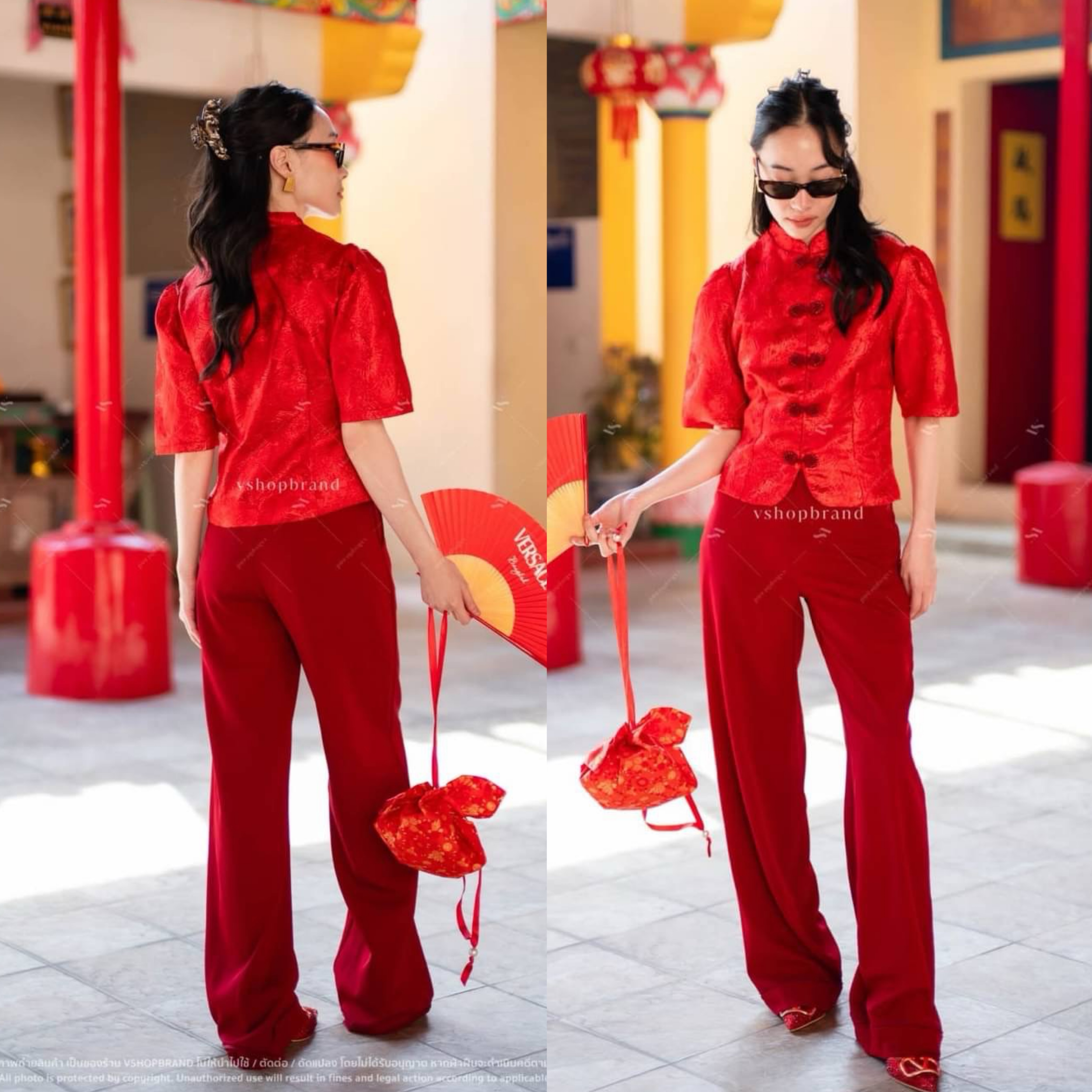 set เสื้อคอจีนแขนพอง+ กางเกงขายาว ใส่สบาย : สินค้าคุณภาพ (พร้อมส่ง)