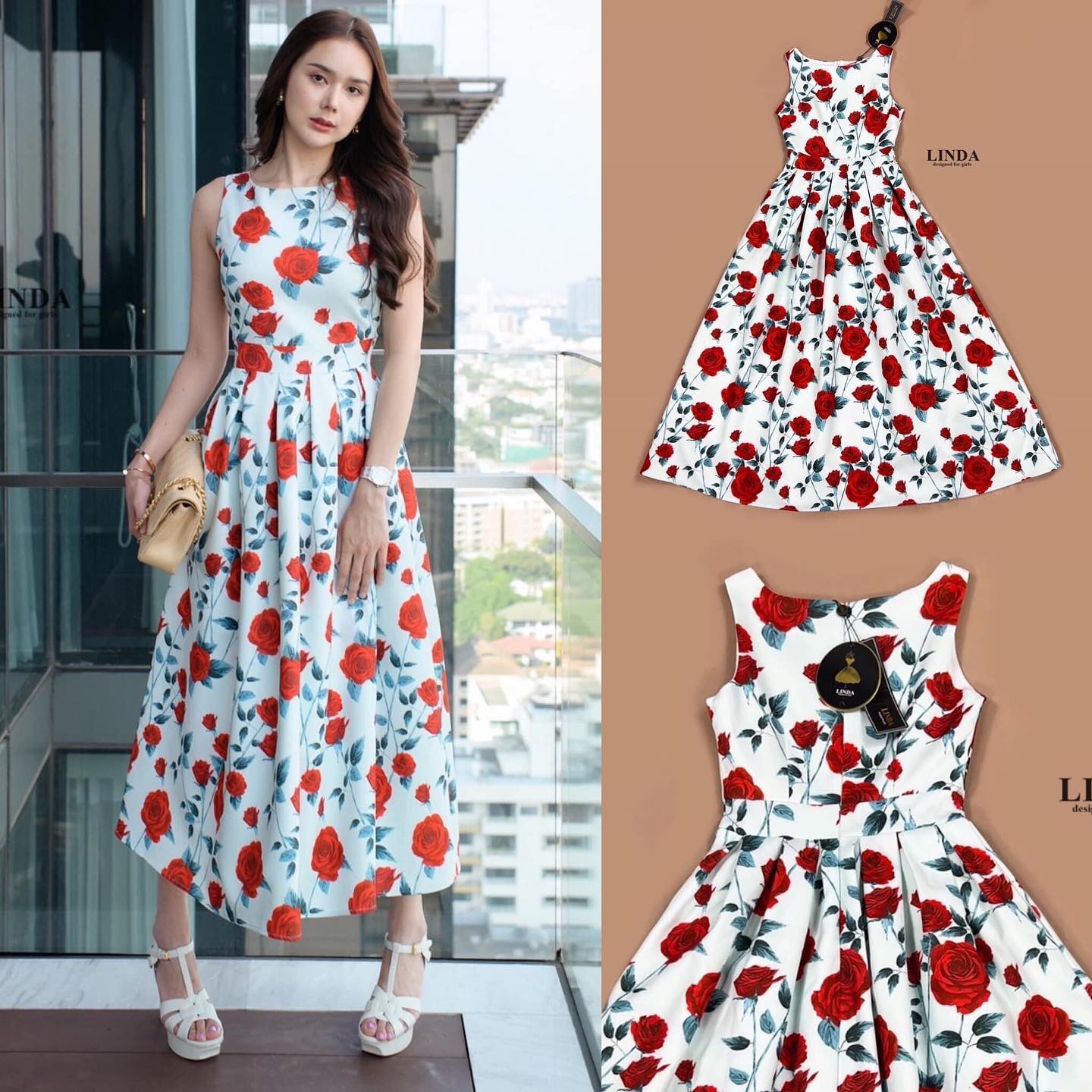 เดรสลายดอกไม้ ดอกกุหลาบ แขนกุด กระโปรงยาวสวย แต่งจีบรอยตัว สีพื้นออกเขียวนิดๆนะคะ สวยมากๆ สินค้าคุณภาพ (พร้อมส่ง)