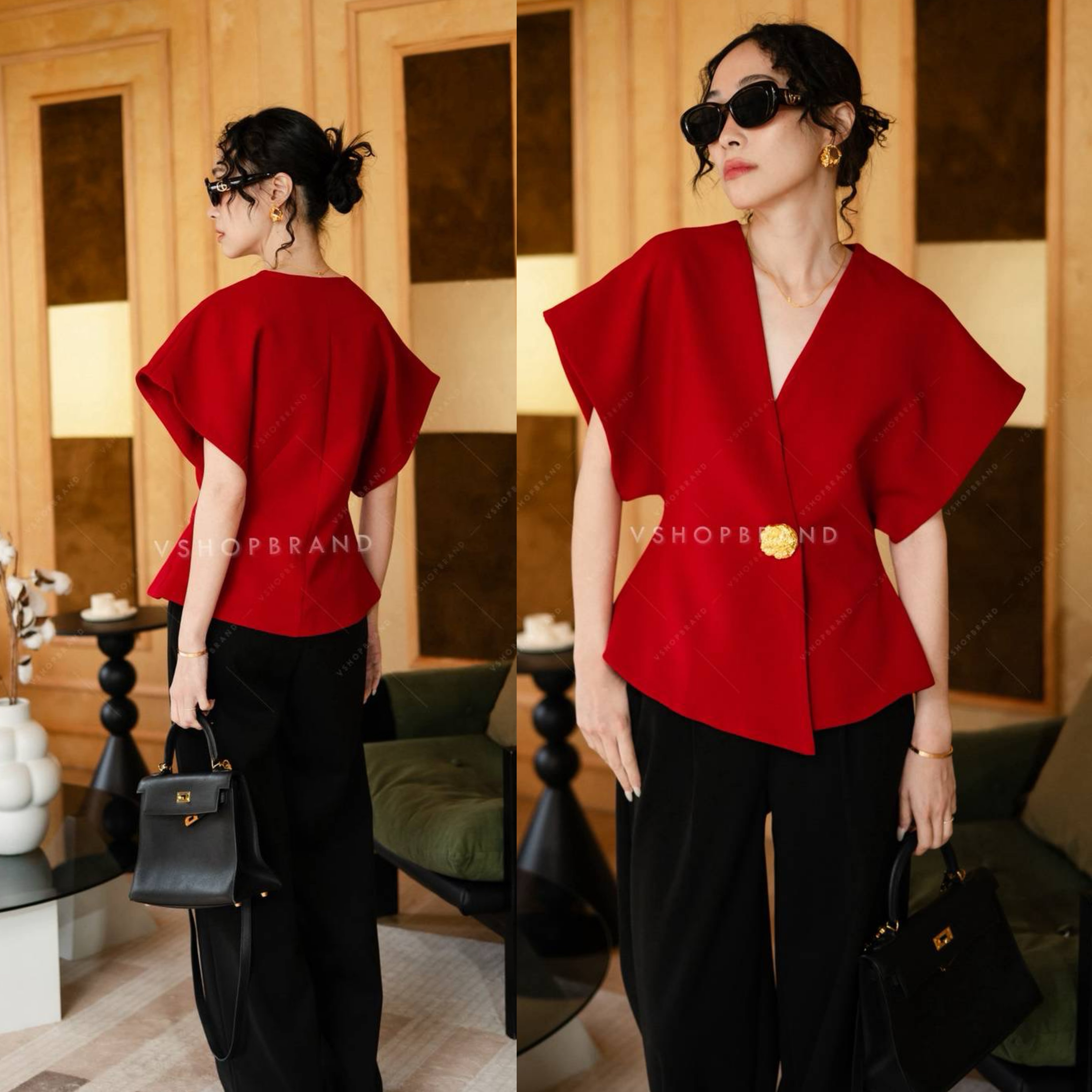 เสื้อแขนทรงแขนไหล่ล้ำกระดุมทอง ใส่สบาย : สินค้าคุณภาพ (พร้อมส่ง)