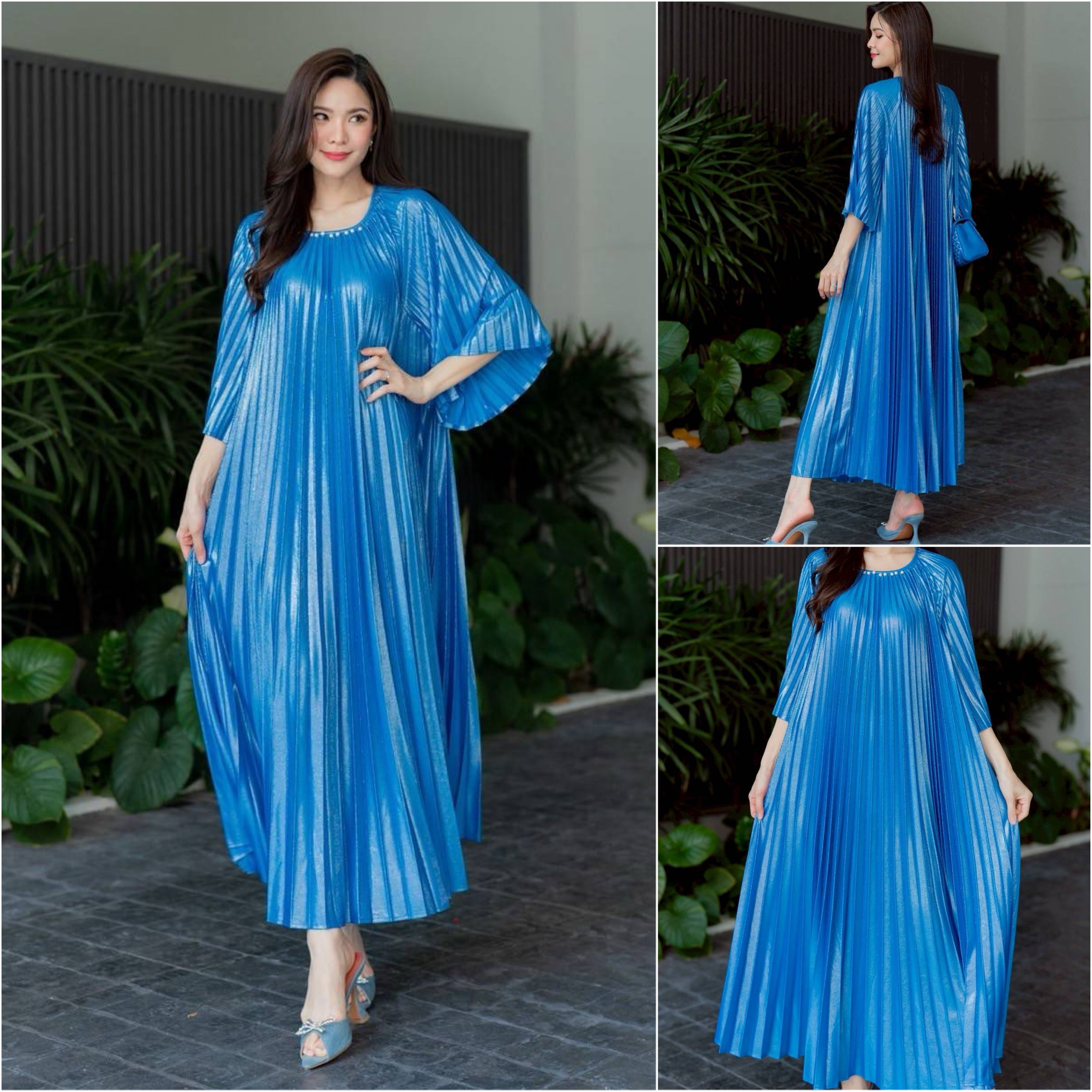 ชุดเดรสตัวยาว ทรงคอกลม แขน 4 ส่วน ใส่หลวมๆ สบายๆ แบบพริ้วๆ ความยาว 💘 กำลังดีงาม อัดพลีทเนื้อแน่น AA Premium ผ้าเมทาลิคเนื้อดี สีเหลือบทอง วิบวับ ใส่สบาย : สินค้าคุณภาพ (พร้อมส่ง)