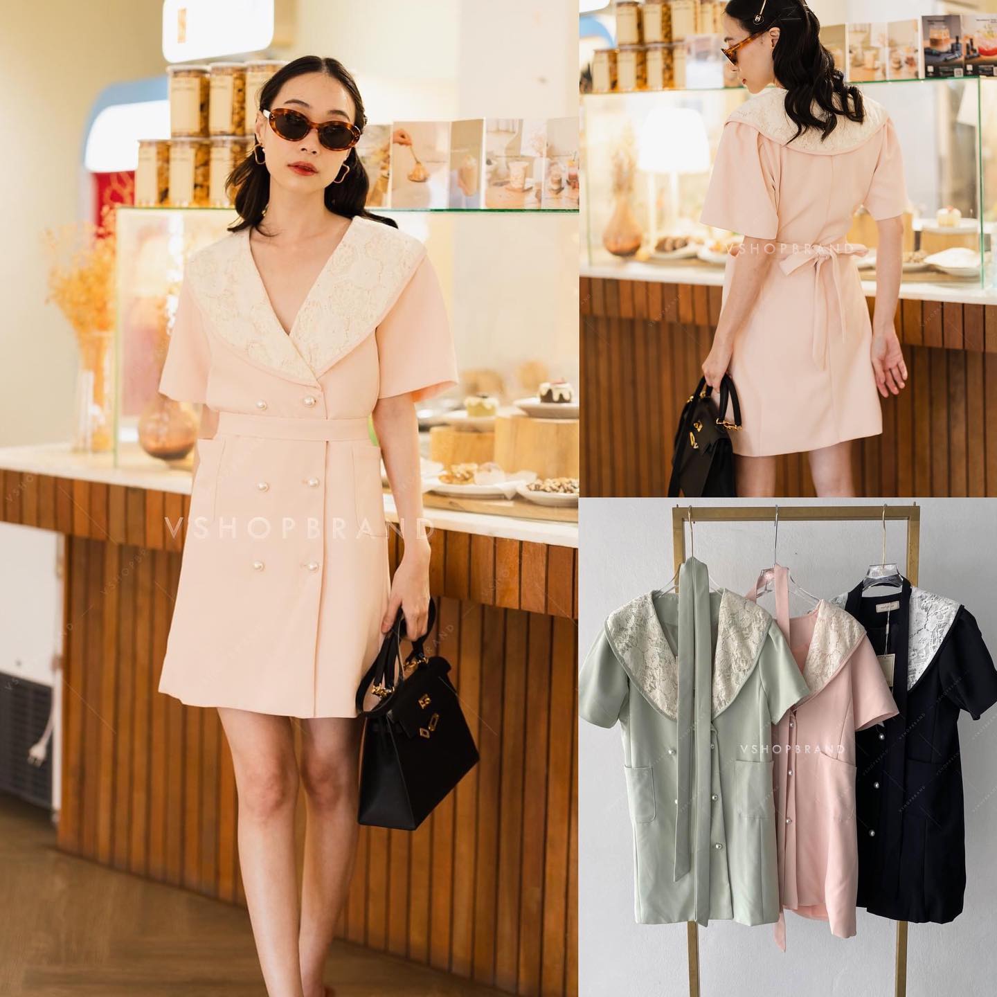 เดรสทรงสูทอัดกาวทั้งชุด แขนสั้น ปกเย็บติดลูกไม้ แถมเชือก ผูกเอว กระดุมไข่มุก แบบน่ารักมาก สินค้าคุณภาพ (พร้อมส่ง)