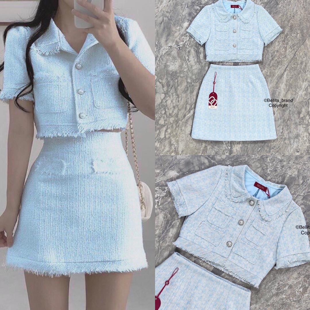 เซ็ทเสื้อ+กระโปรงผ้าทวีต สีฟ้าอ่อน สินค้าคุณภาพ (พร้อมส่ง)