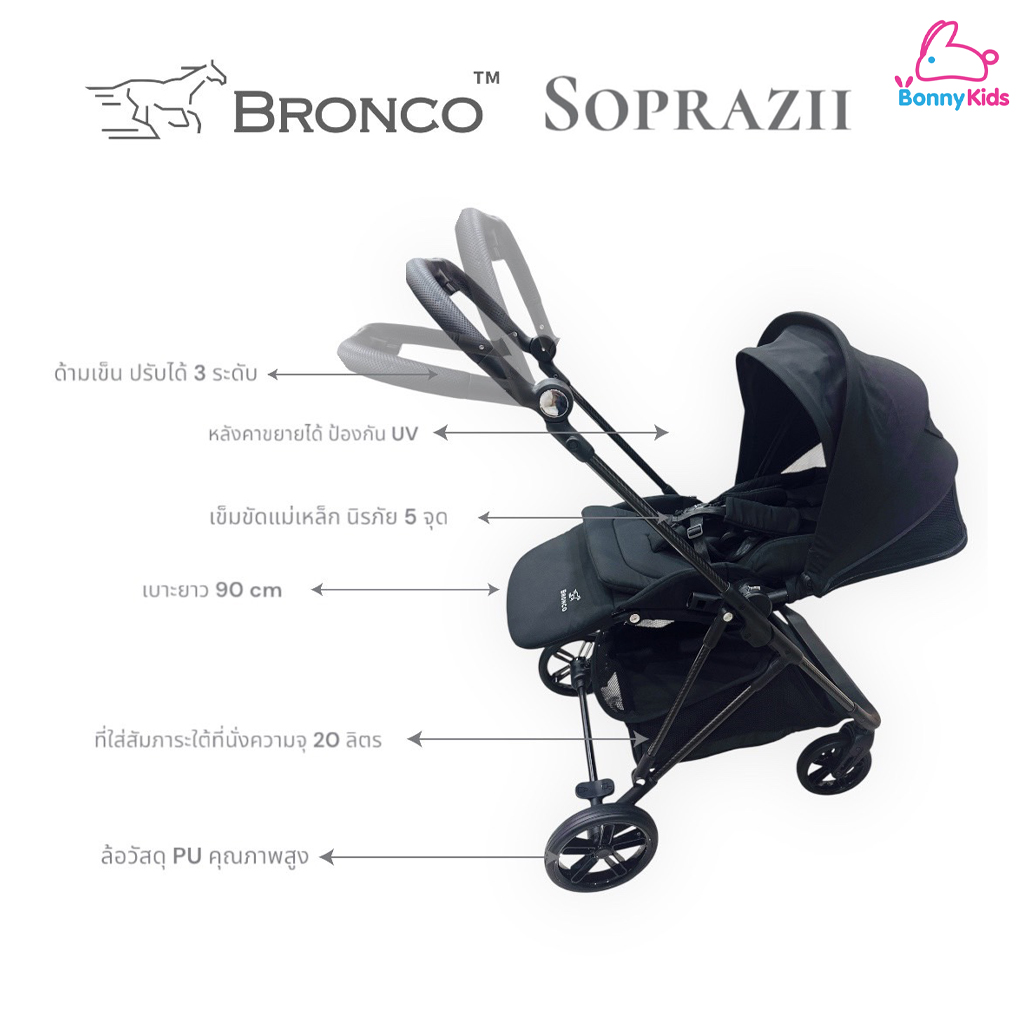 BRONCO (บรอนโก) SOPRAZII รถเข็นเด็กคาร์บอนไฟเบอร์ เข็นได้ 2 ทิศทาง รับน้ำหนักได้สูงสุด 35 KG