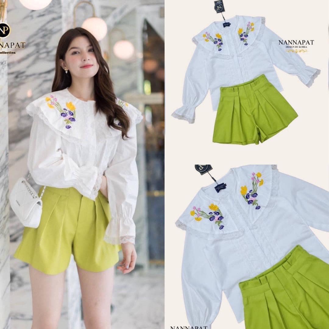 ชุดเสื้อ+กางเกงขาสั้น ตัวเเสื้อผ้าดีมาก มีซับในปกคอเป็นงานปัก กางเกงก็ดีไซน์เก๋ สีสันสดใส่ ใส่แล้ว ขับผิว สินค้าคุณภาพ (พร้อมส่ง)