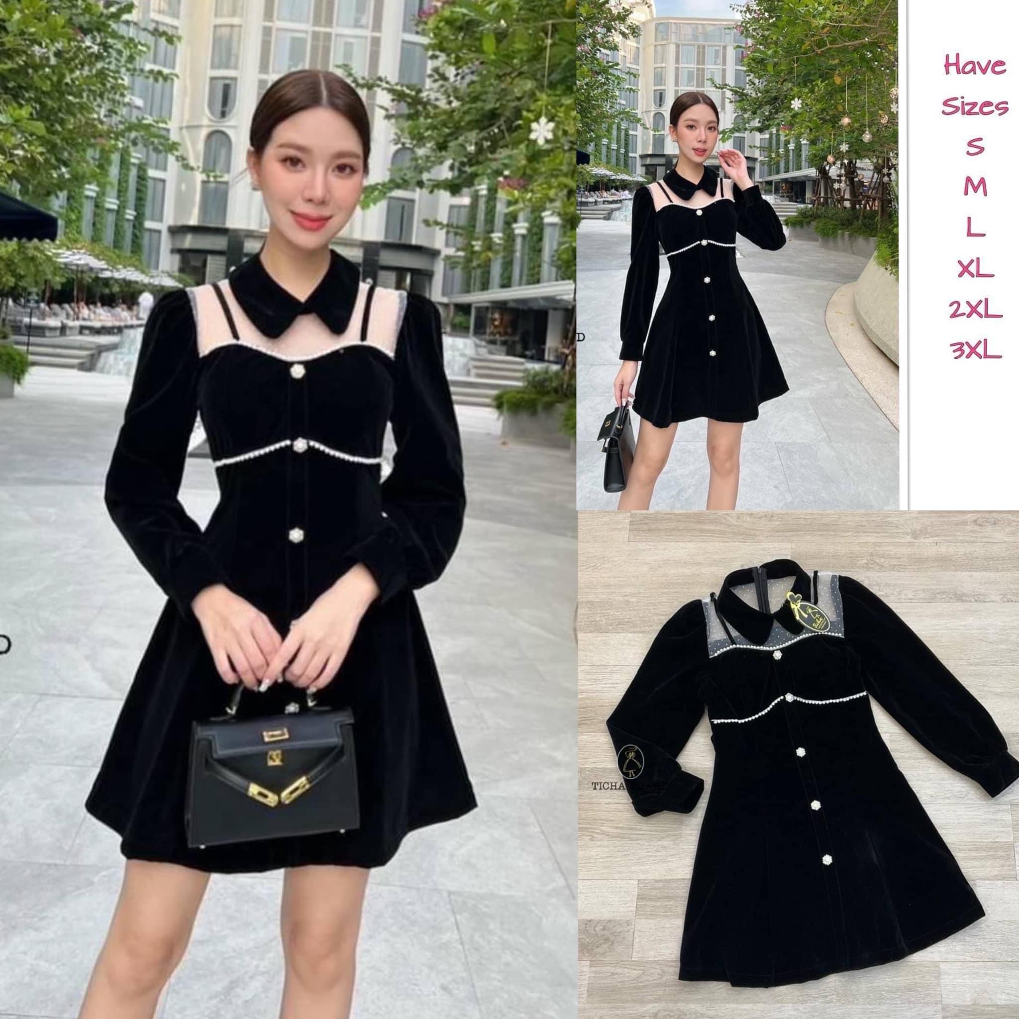 มินิเดรสดำ ผ้ากำมะหยี่ ผ้านิ่ม แต่งปกคอดีไซน์เก๋ อกซีทรูสวย ดีเทลแต่งกุ๊นมุก และกระดุมมุกเรียงยาว (อกเสริมฟองน้ำ)(มีซิปหลัง) ใส่สบาย สินค้าคุณภาพ (พร้อมส่ง)