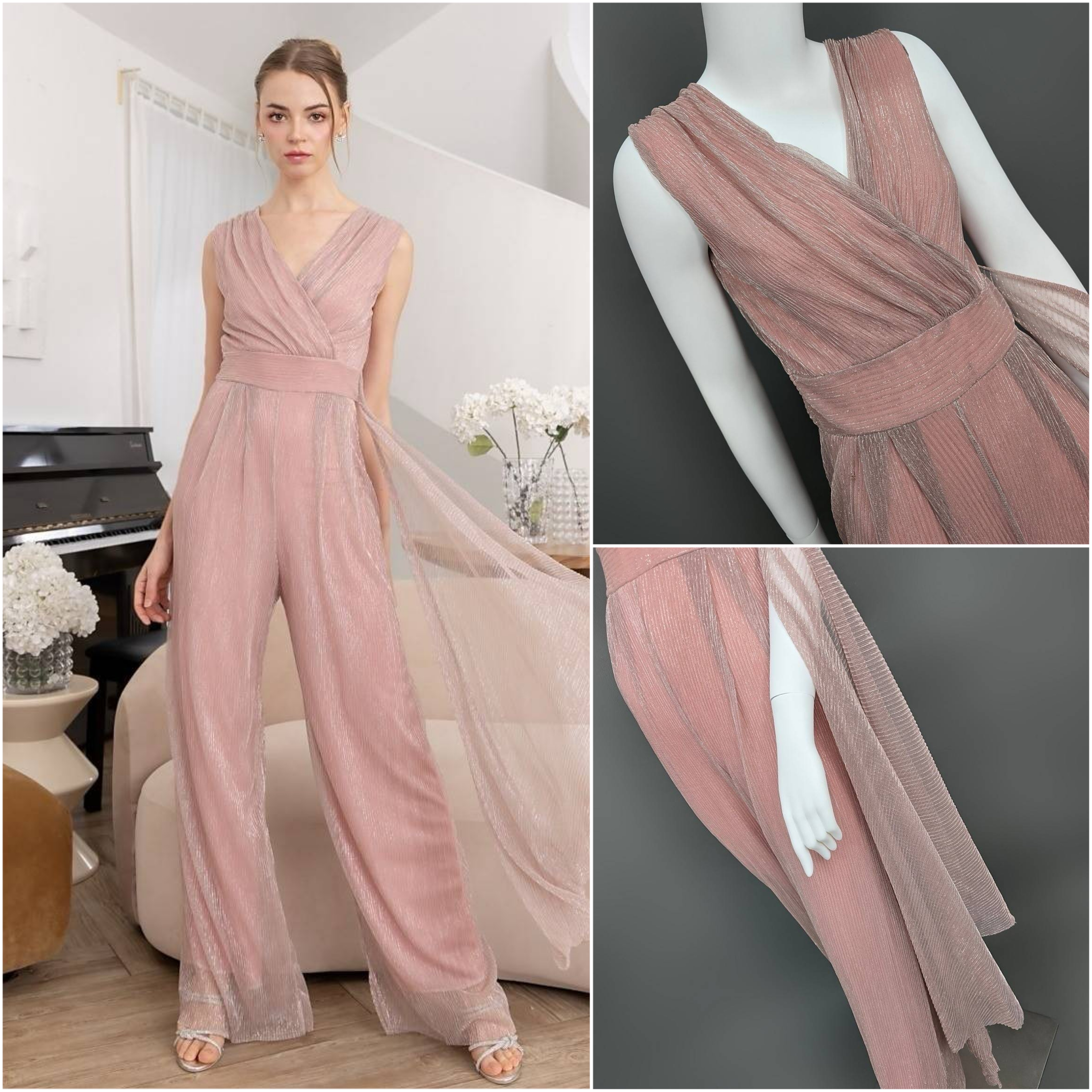 จั๊มสูทเสื้อคอป้ายแขนกุด กางเกงขาตรงจับจีบ แต่งชายระบายด้านข้าง ใส่สบาย : สินค้าคุณภาพ (พร้อมส่ง)