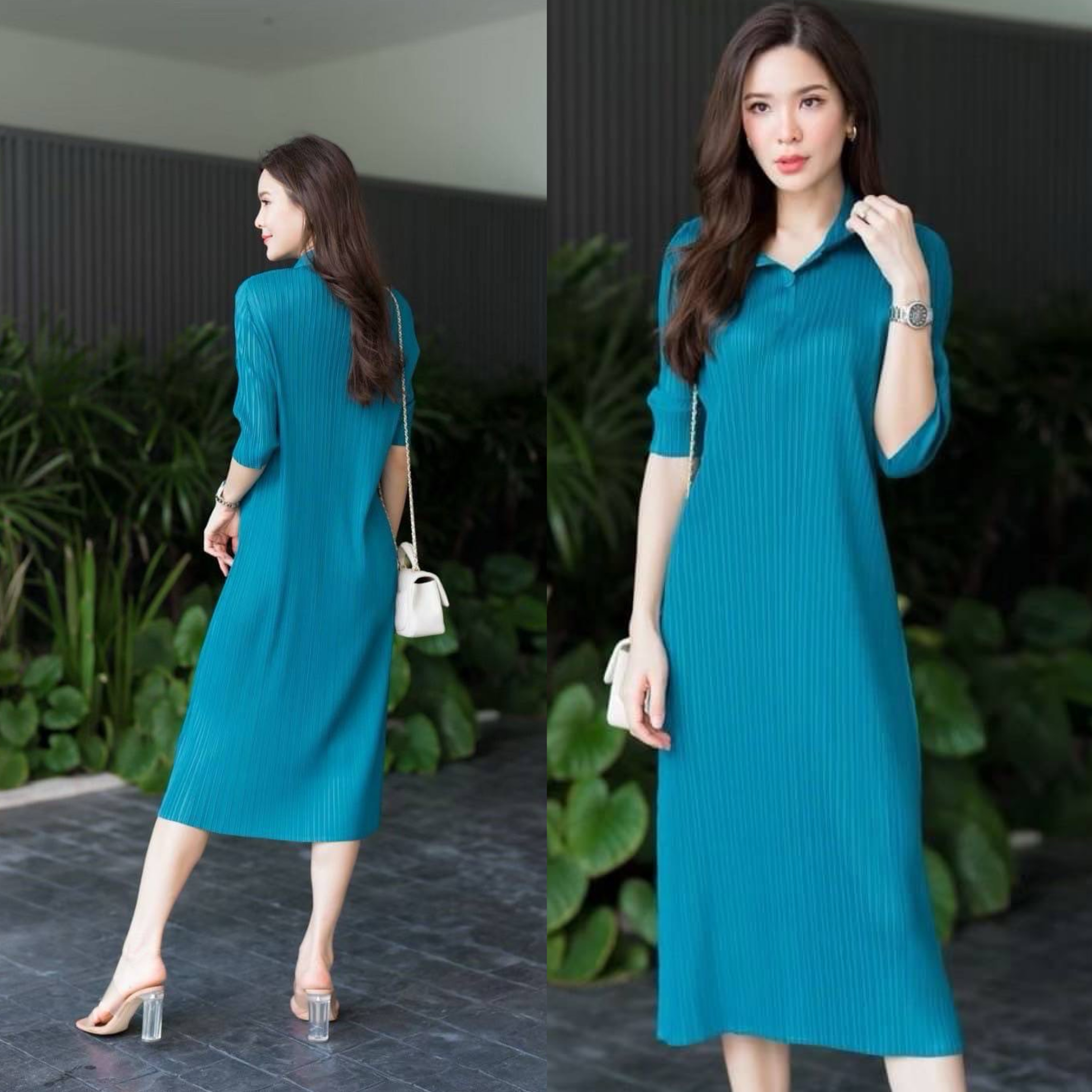 เดรสอัดพลีท คอปก 😙😘 แต่งกระดุมตรง คอ เกร๋กรุบ แขน 4 ส่วนพอสวยงาม ขอบอกว่า 💫💫แพทเทิร์นตัวนี้ เรียบ แต่หรูมากจริงๆคร้าาา ใส่สบาย : สินค้าคุณภาพ (พร้อมส่ง)