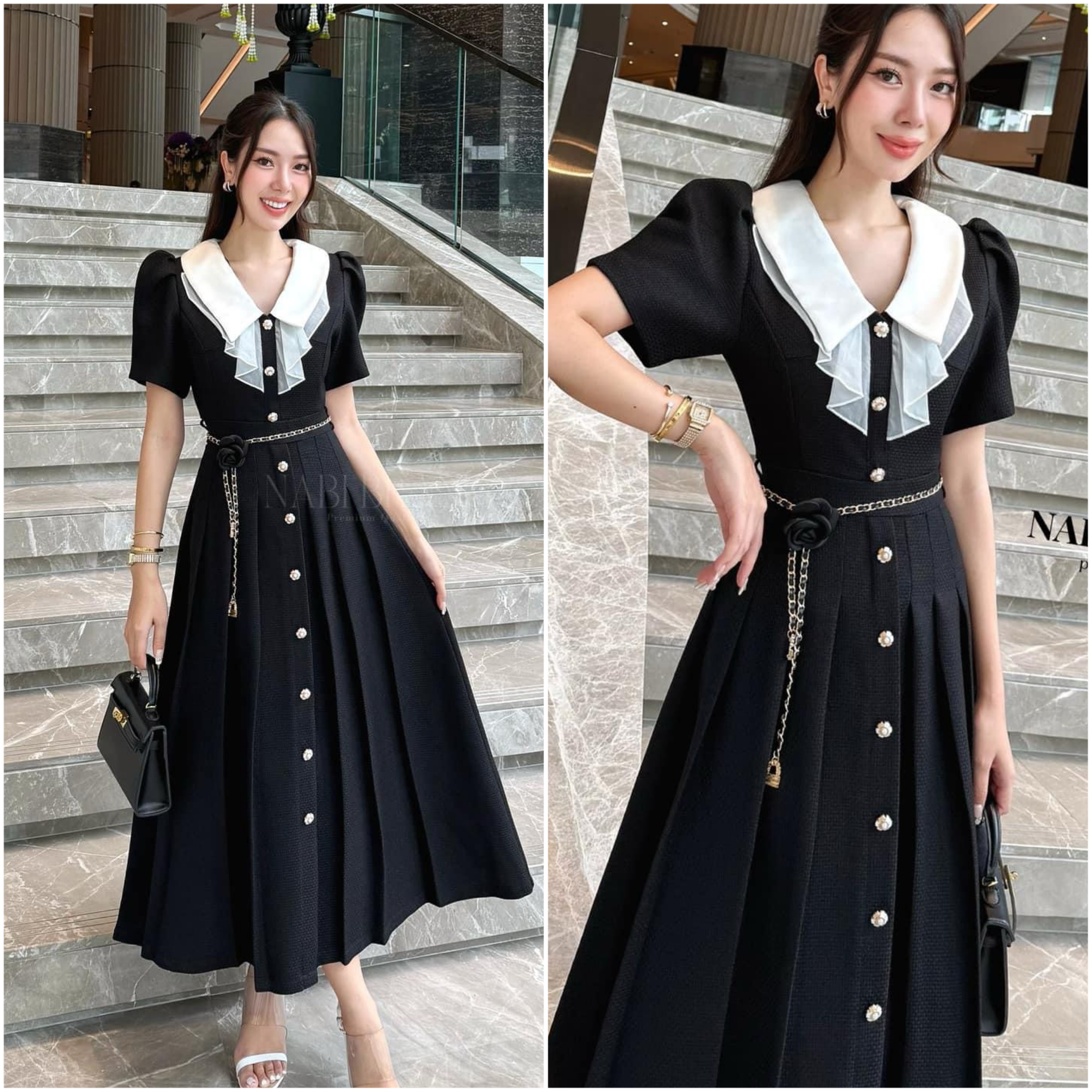 เดรสกระโปรงยาวสีดำแขนสั้น คอปกสีขาว แต่งกระดุมมุกด้านหน้า มาคู่กับเข็มขัดดอกไม้ ใส่สบาย : สินค้าคุณภาพ (พร้อมส่ง)