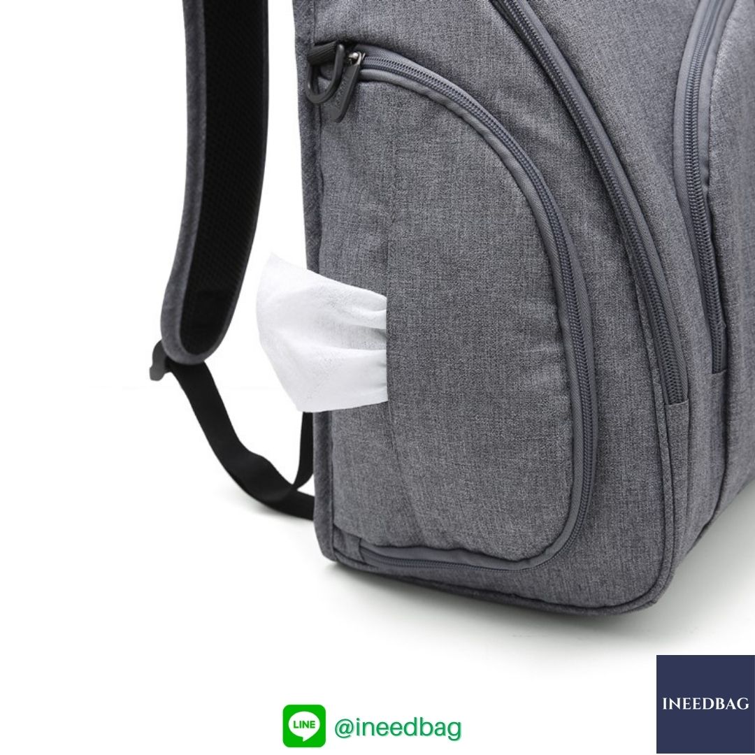 Ecosusi กระเป๋าคุณแม่, กระเป๋าสัมภาระคุณแม่, กระเป๋าแม่ลูกอ่อน แบบเป้ มาพร้อมแผ่นรองเปลี่ยนผ้าอ้อม, ช่องเก็บความร้อน-เย็น (New Version Grey) + Wet Pocket + Wipe Pocket