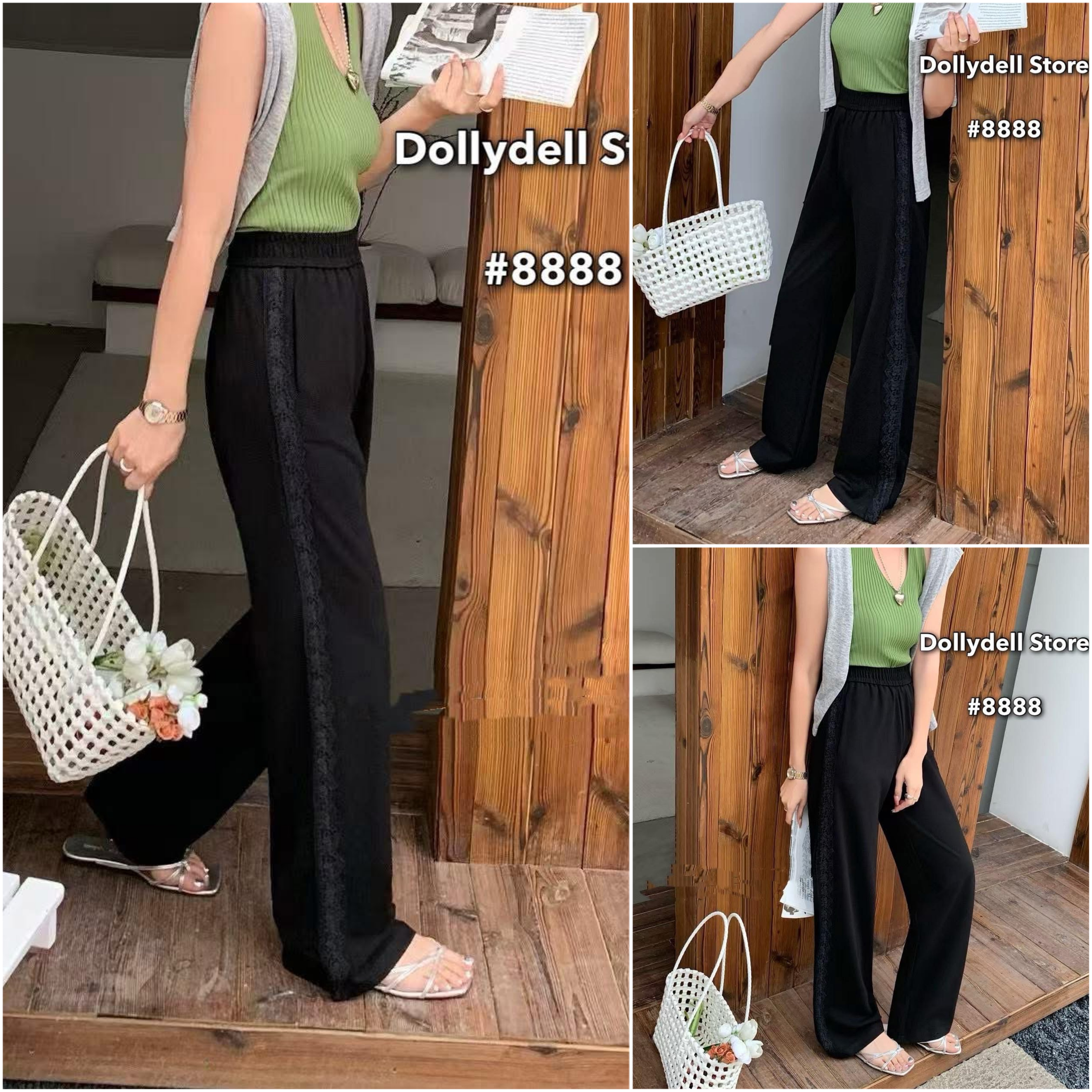 กางเกงทรงตรงเอวยางยืดแต่งแถบลูกไม้ด้านข้างมีกระเป๋าจริง ใส่สบาย : สินค้าคุณภาพ (พร้อมส่ง)