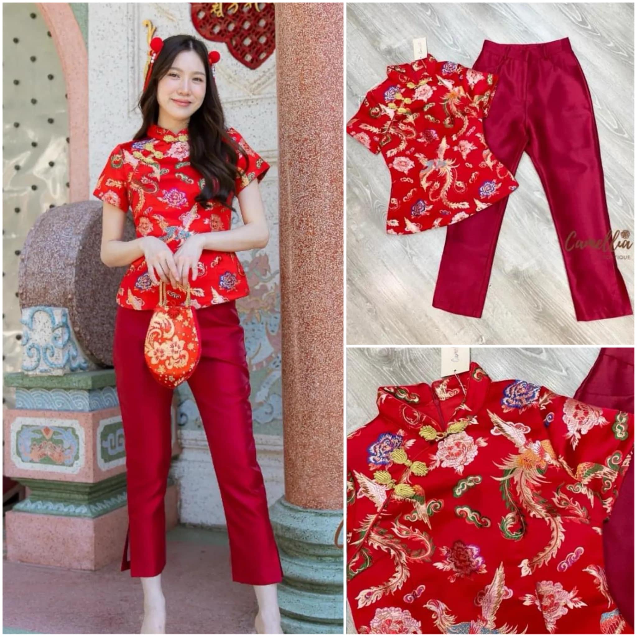 ชุดSet เสื้อผ้าทอคอจีนแต่งกระดุมสีทอง + กางเกงขายาว 9 ส่วน สินค้าคุณภาพ (พร้อมส่ง)