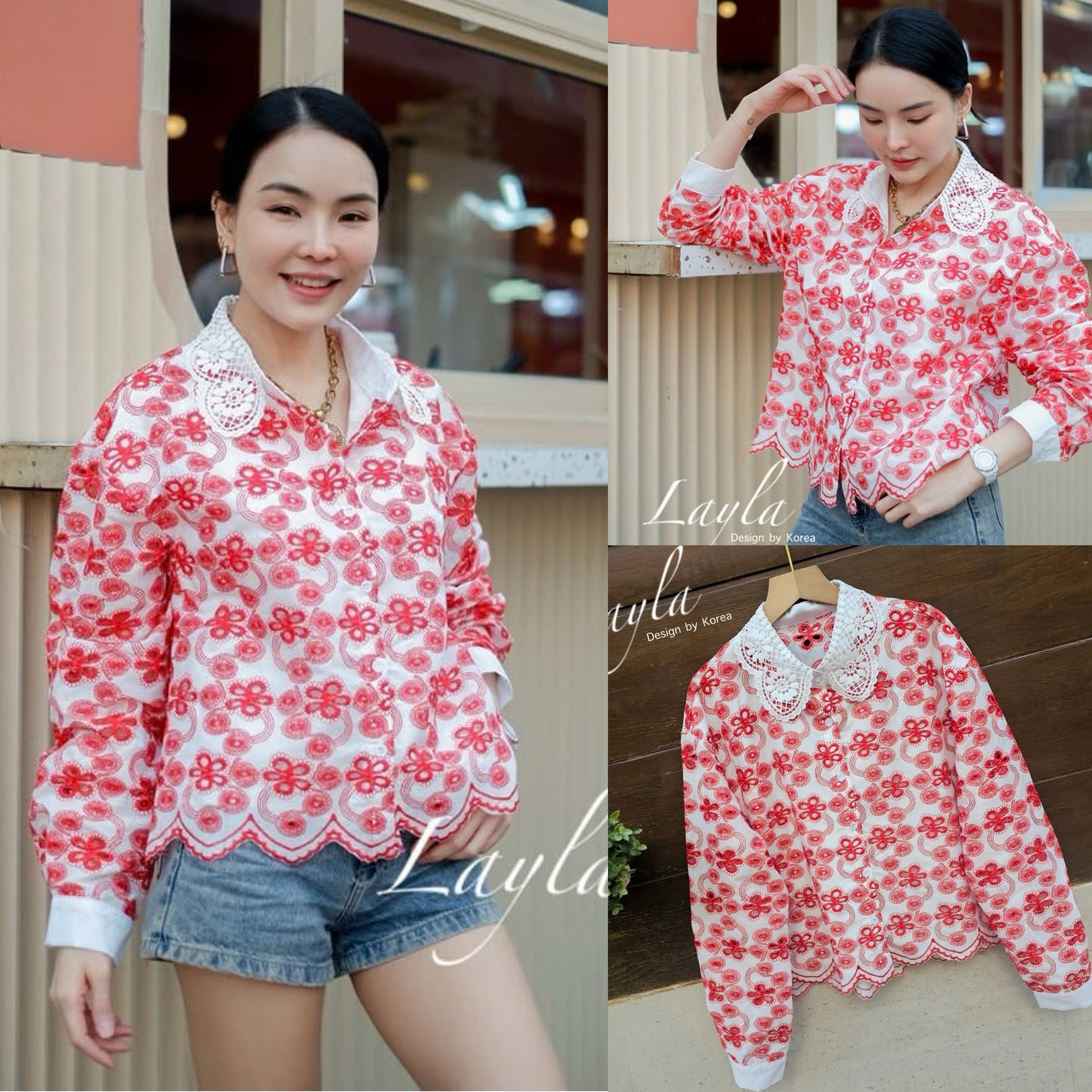 เสื้อเชิ้ตปักฉลุโชว์ลายเชิงสวยๆ คอปกลูกไม้หวานๆ แต่งกระดุมเพชร ทรงโอเว่อร์ไซส์นิดๆ ใส่สบาย : สินค้าคุณภาพ (พร้อมส่ง)