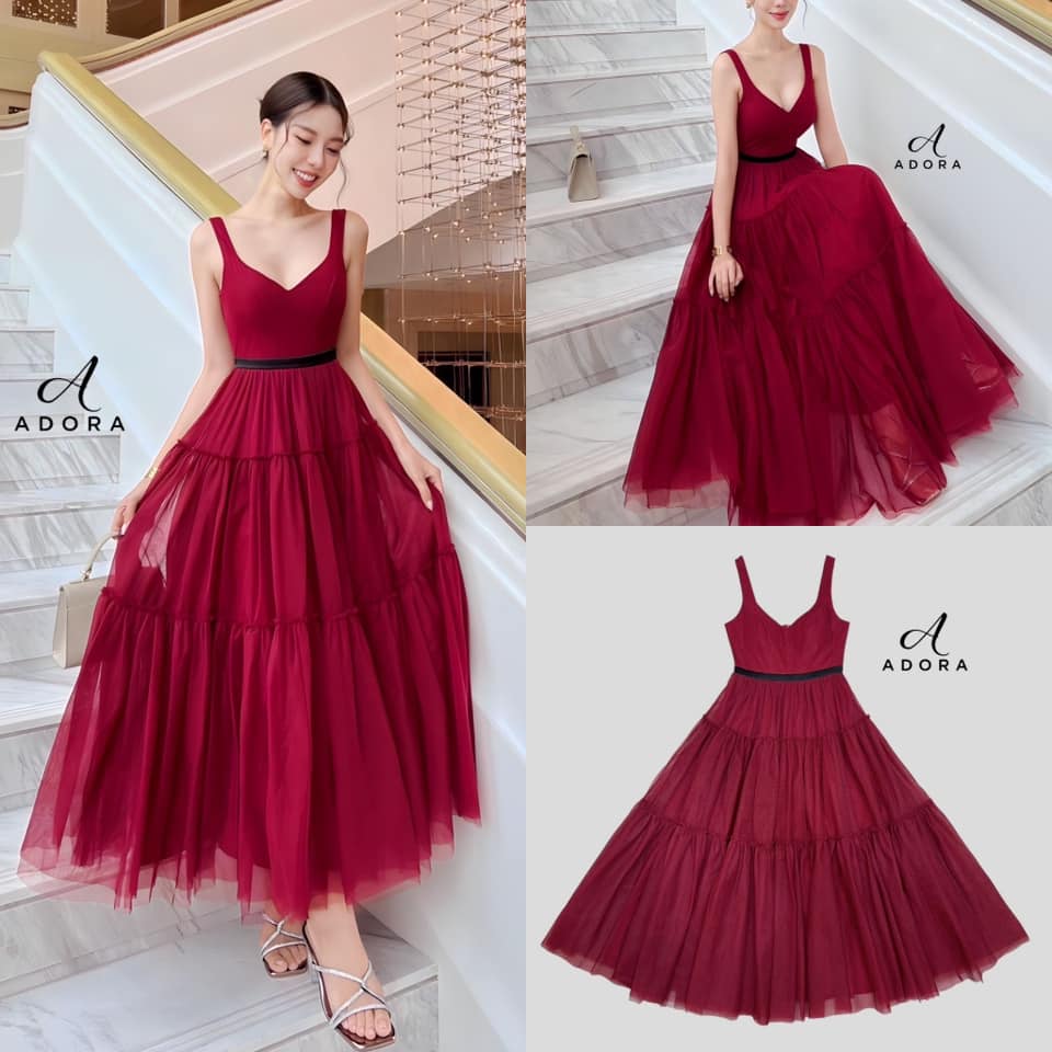 แม๊คซี่เดรสดีไซน์สายเดี่ยว ช่วงอกใช้ผ้าพื้นเกรดพรีเมี่ยมเนื้อหนา แต่งขอบเอว ตัดต่อช่วงกระฟโปรงแต่งระบายใช้ผ้าตาข่าย ใส่สบาย : สินค้าคุณภาพ (พร้อมส่ง)