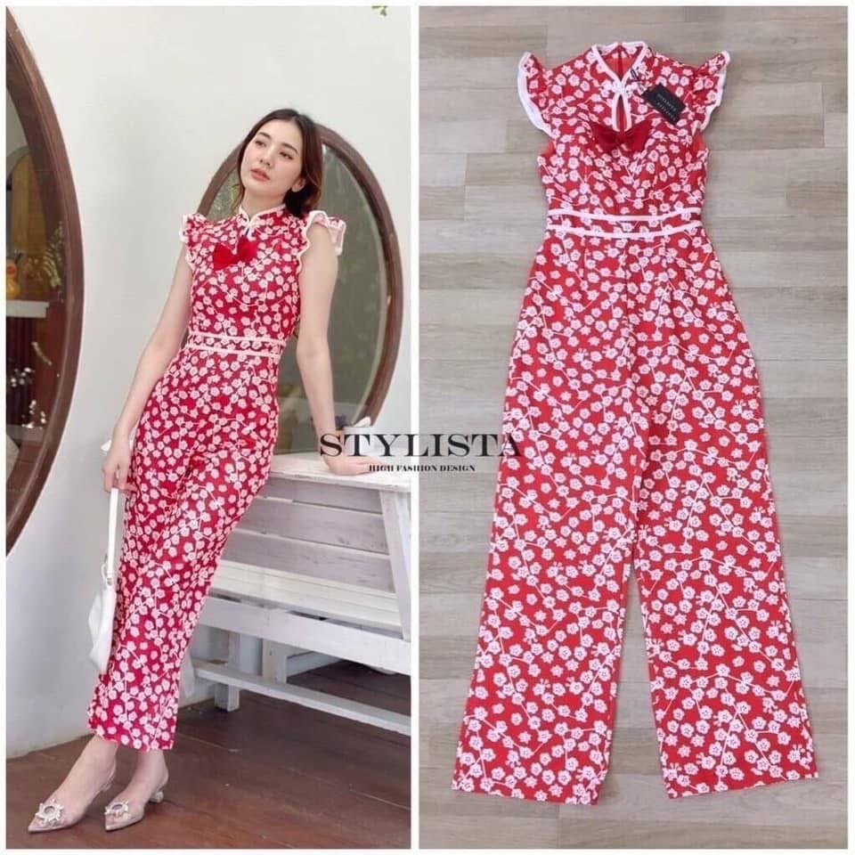 กี่เพ้า จั๊มสูทขายาวแขนระบาย ใส่สวยสดใสต้อนรับตรุษจีน ใส่สวยเรียบหรูดูแพง คัตติ้งสวยเปะ ใส่สบาย : สินค้าคุณภาพ (พร้อมส่ง)