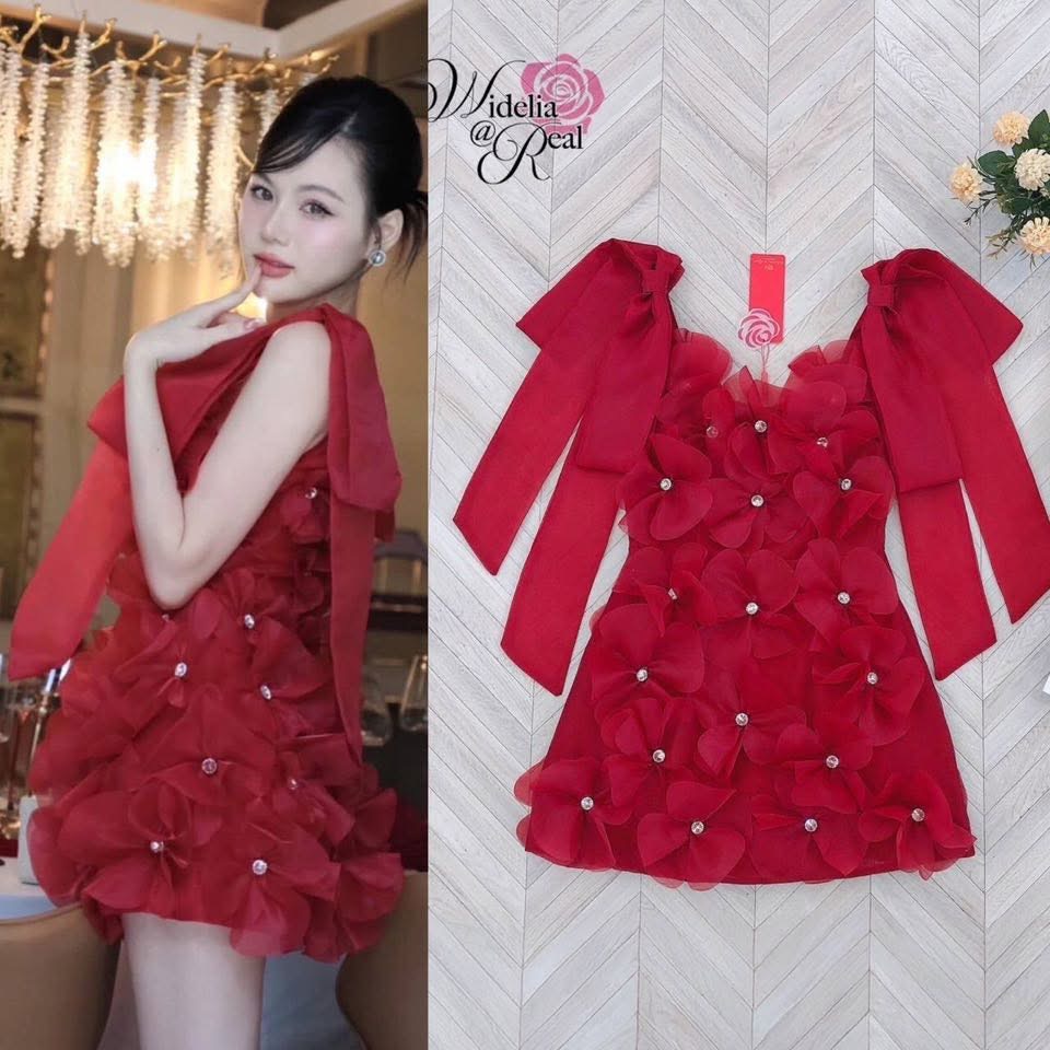 Dress เดรสสายเดี่ยวโบว์ ตัวเดรสเย็บดอกไม้มาทั้งตัว เกสรเป็นเพชรเม็ดใหญ่ ซิปหลัง เนื้อผ้าอย่างดี ใส่สบาย : สินค้าคุณภาพ (พร้อมส่ง)