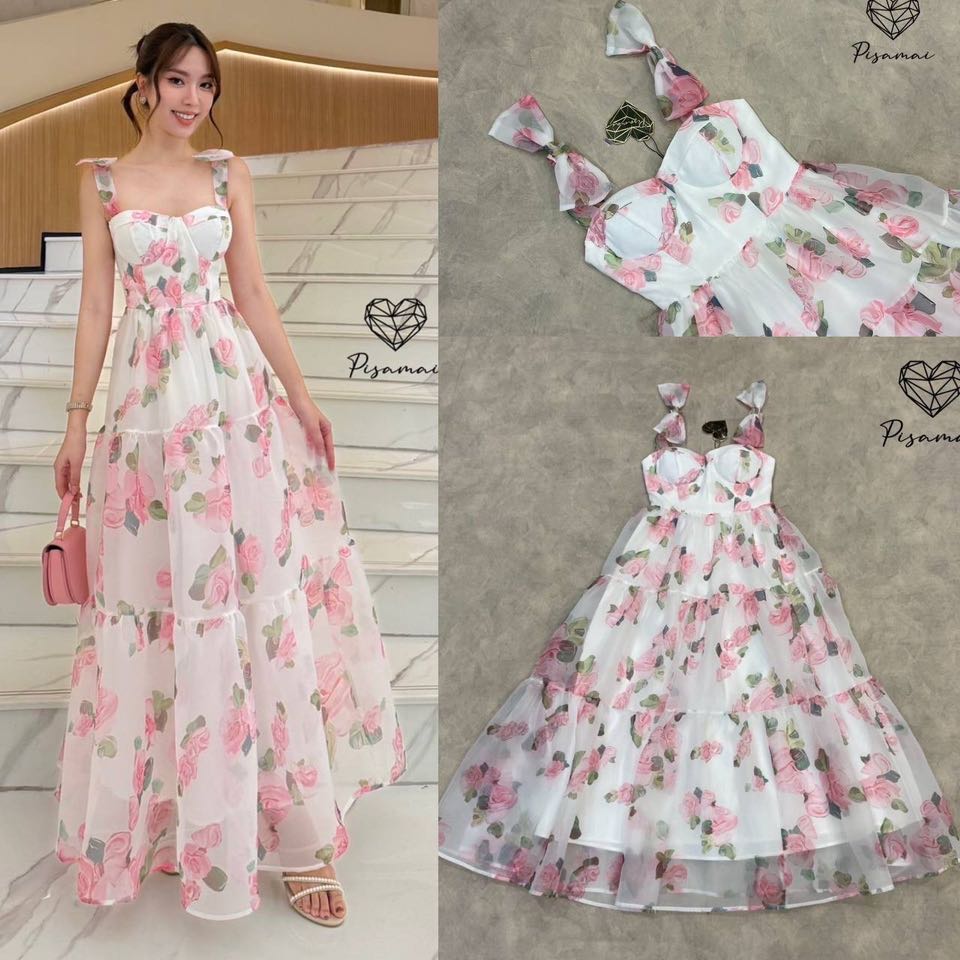 เดรสผ้าแก้วตัวยาวมาในสีขาวลายดอกกุหลาบ สวยฟูฟ่อง ใส่สบาย : สินค้าคุณภาพ (พร้อมส่ง)
