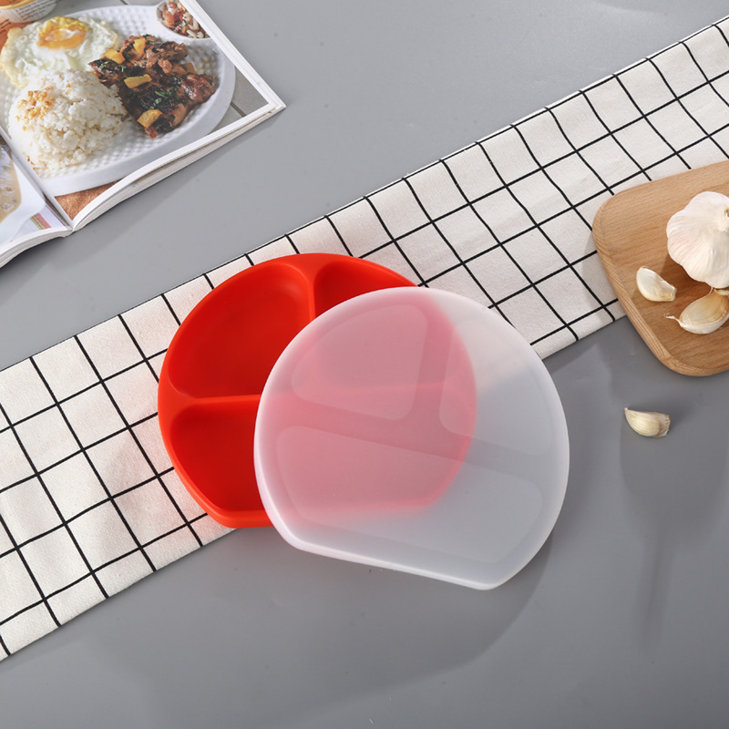 NanaBaby จานก้นดูดซิลิโคน จานหลุมเด็กซิลิโคน จานดูดเด็ก 3 ช่อง มีฝาปิด+หลอดดูด BPA-Free